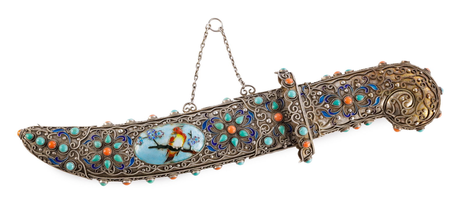Dague en argent et émail, sertie de corail et de turquoises, Chine, moderne, décor de rinc: Dague en argent et émail, sertie de corail et de turquoises, Chine, moderne, décor de rinceaux, fleurs et oiseaux, poinçons MADE IN CHINA et SILVER, l. 28,5 cm (restaurations) + Des