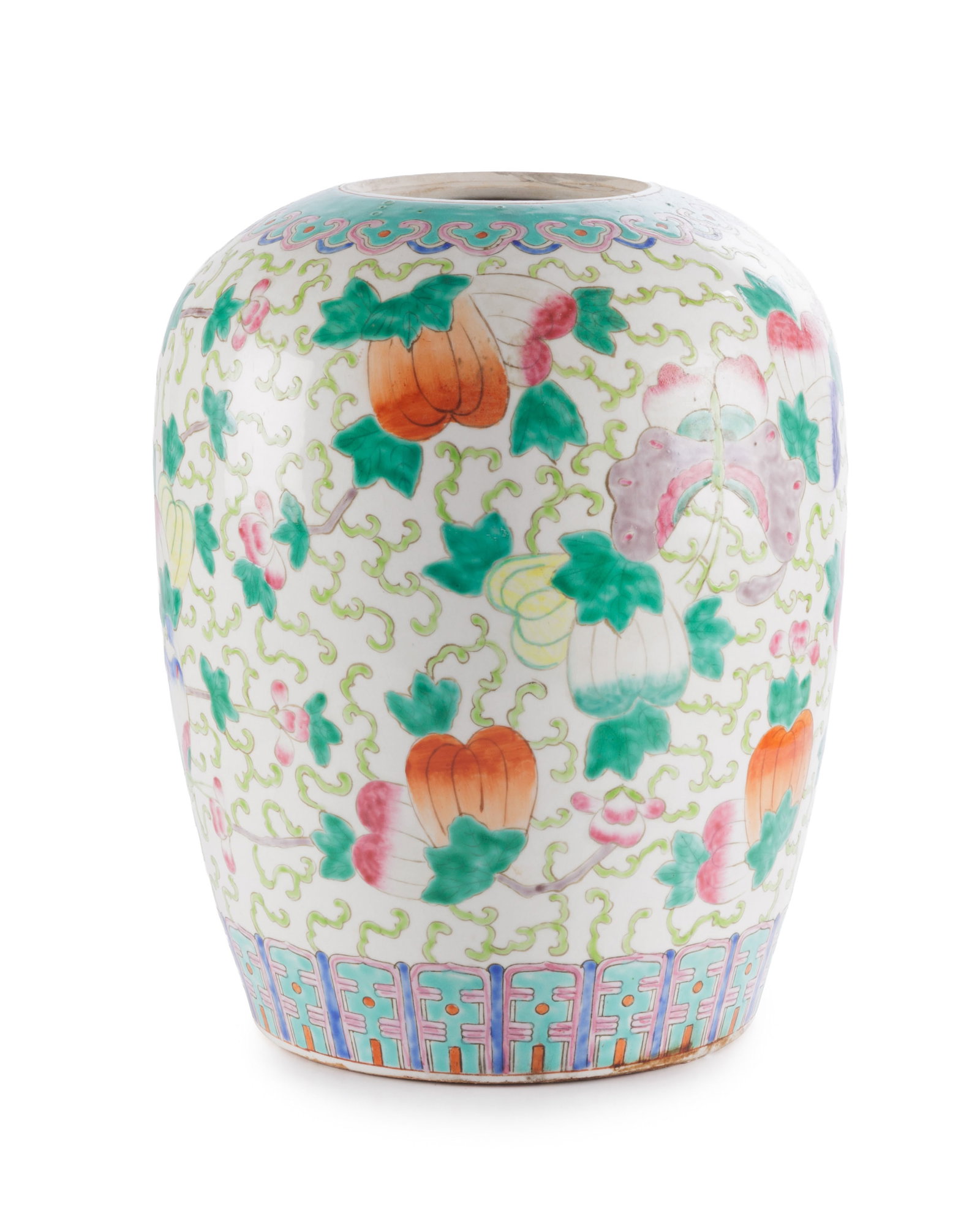 2 pots en porcelaine famille rose, Chine, XXe s., un au décor de cucurbitacées, papillons  - 4