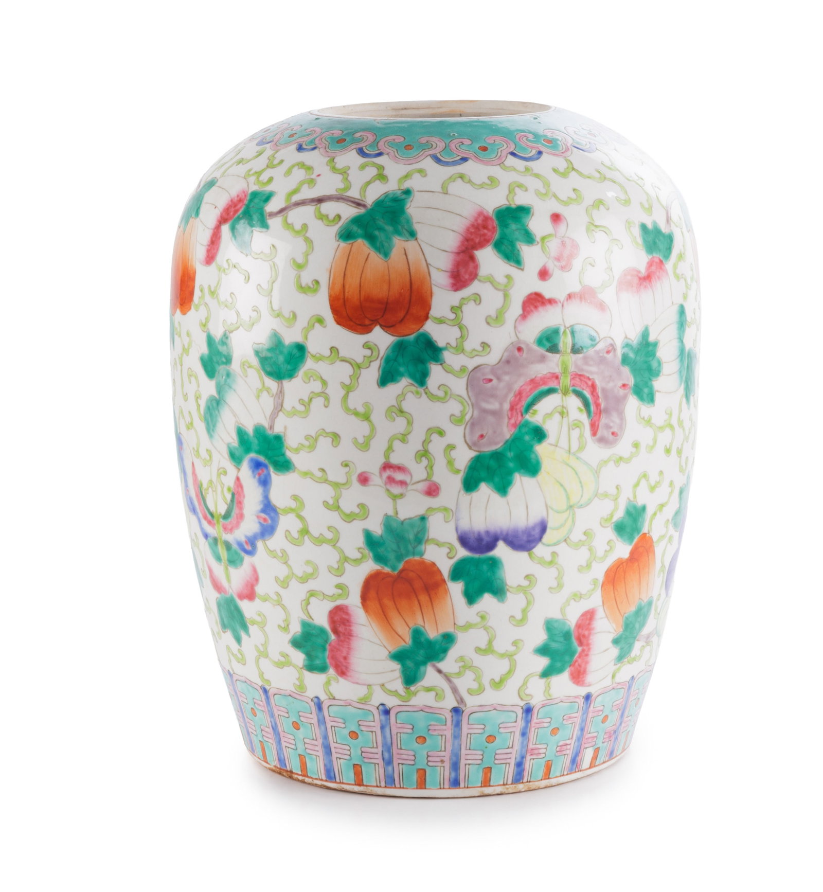 2 pots en porcelaine famille rose, Chine, XXe s., un au décor de cucurbitacées, papillons  - 5