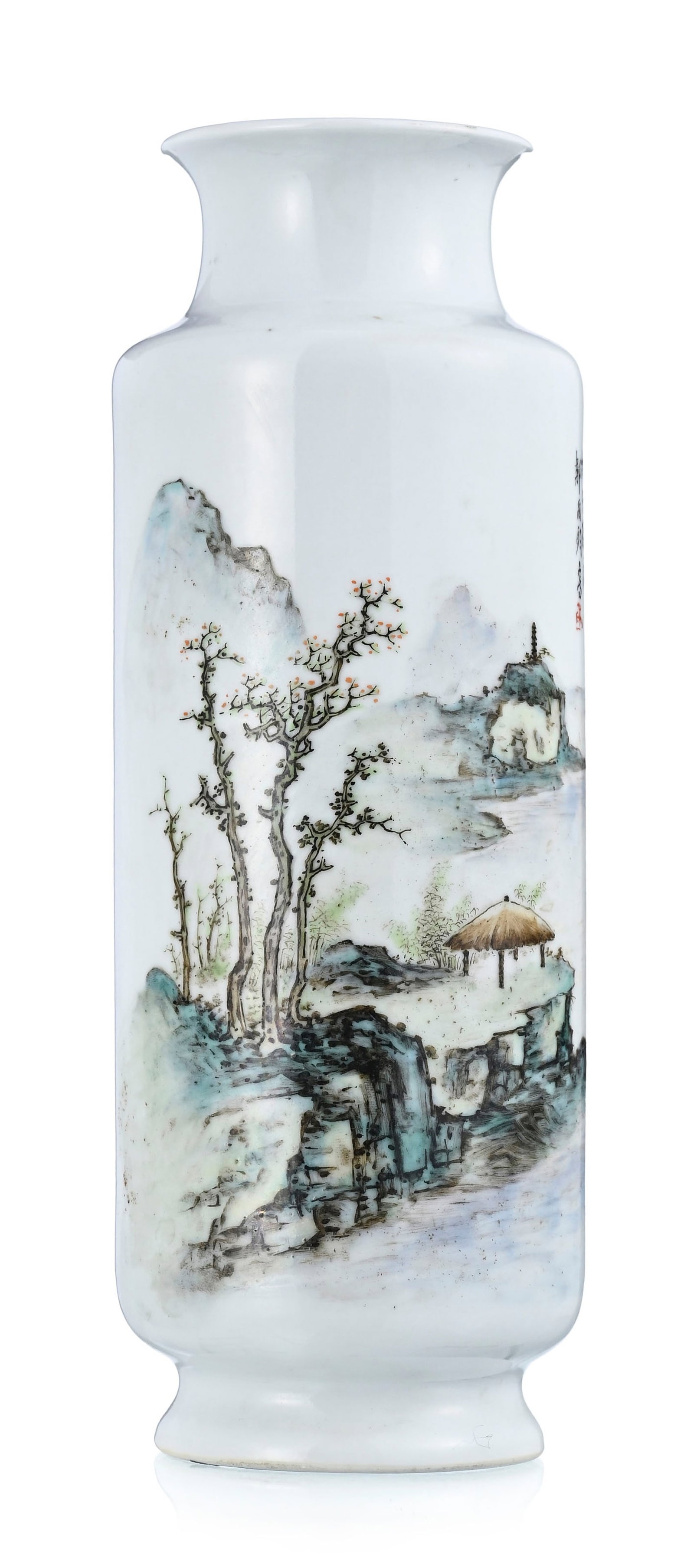 Vase en porcelaine, Chine, XXe s., décor de paysage au pavillon et inscriptions, signé : Vase en porcelaine, Chine, XXe s., décor de paysage au pavillon et inscriptions, signé 鄒國鈞 (Zou Guojun), h. 24 cm (fêlé) A porcelain vase, China, 20th