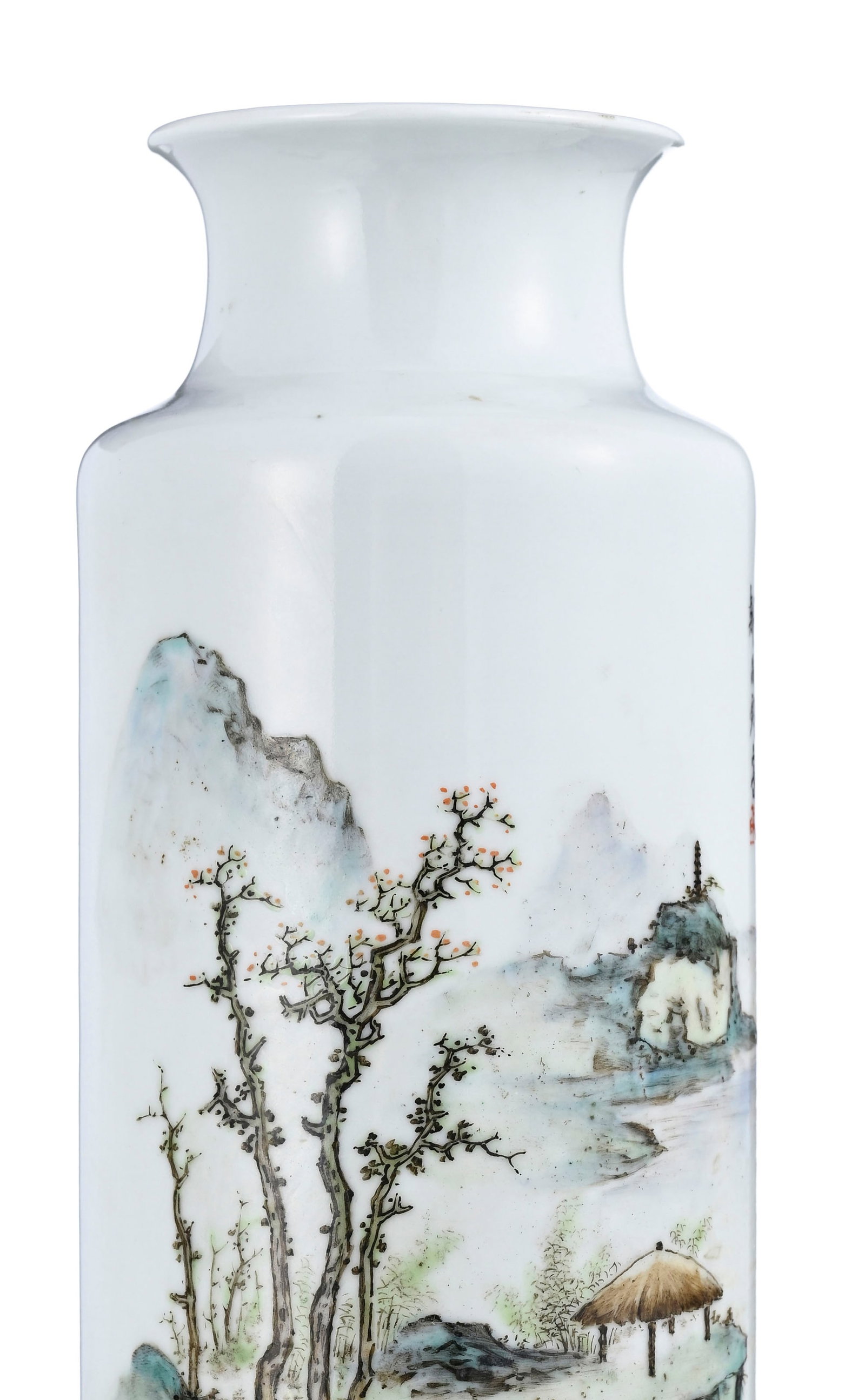 Vase en porcelaine, Chine, XXe s., décor de paysage au pavillon et inscriptions, signé  - 5