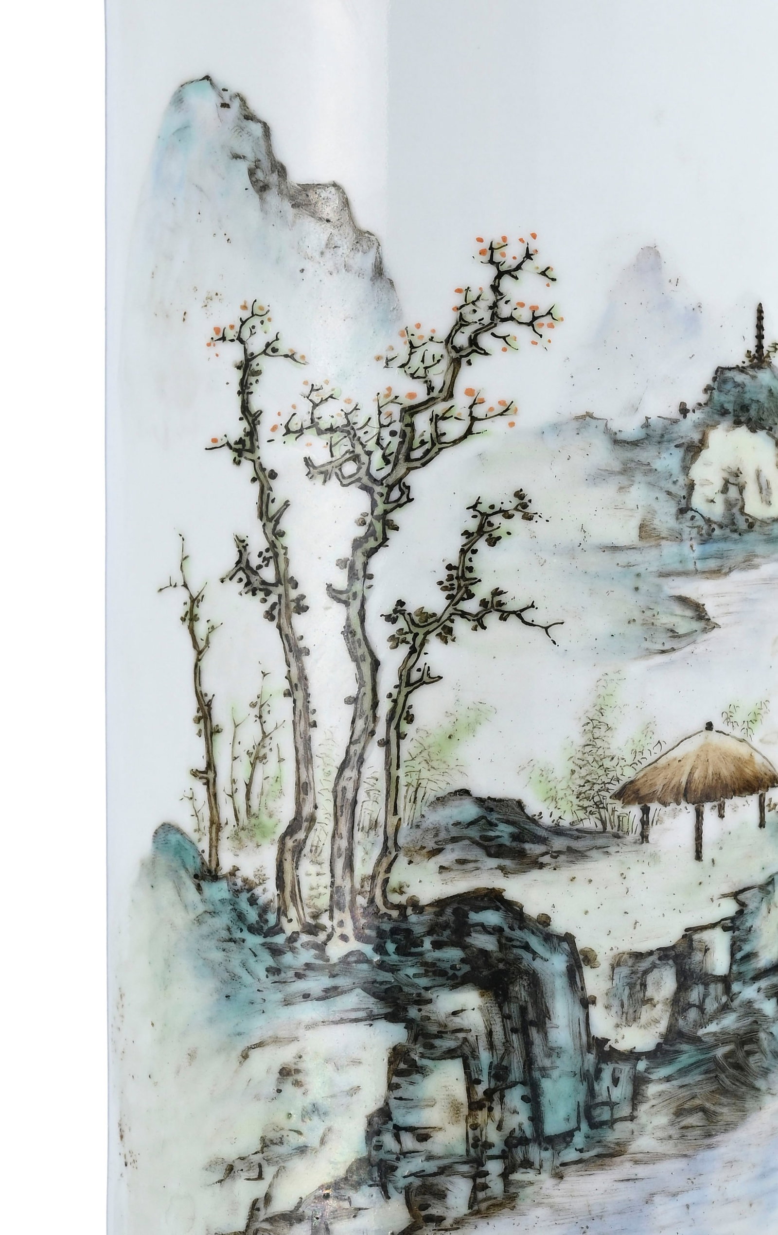Vase en porcelaine, Chine, XXe s., décor de paysage au pavillon et inscriptions, signé  - 6