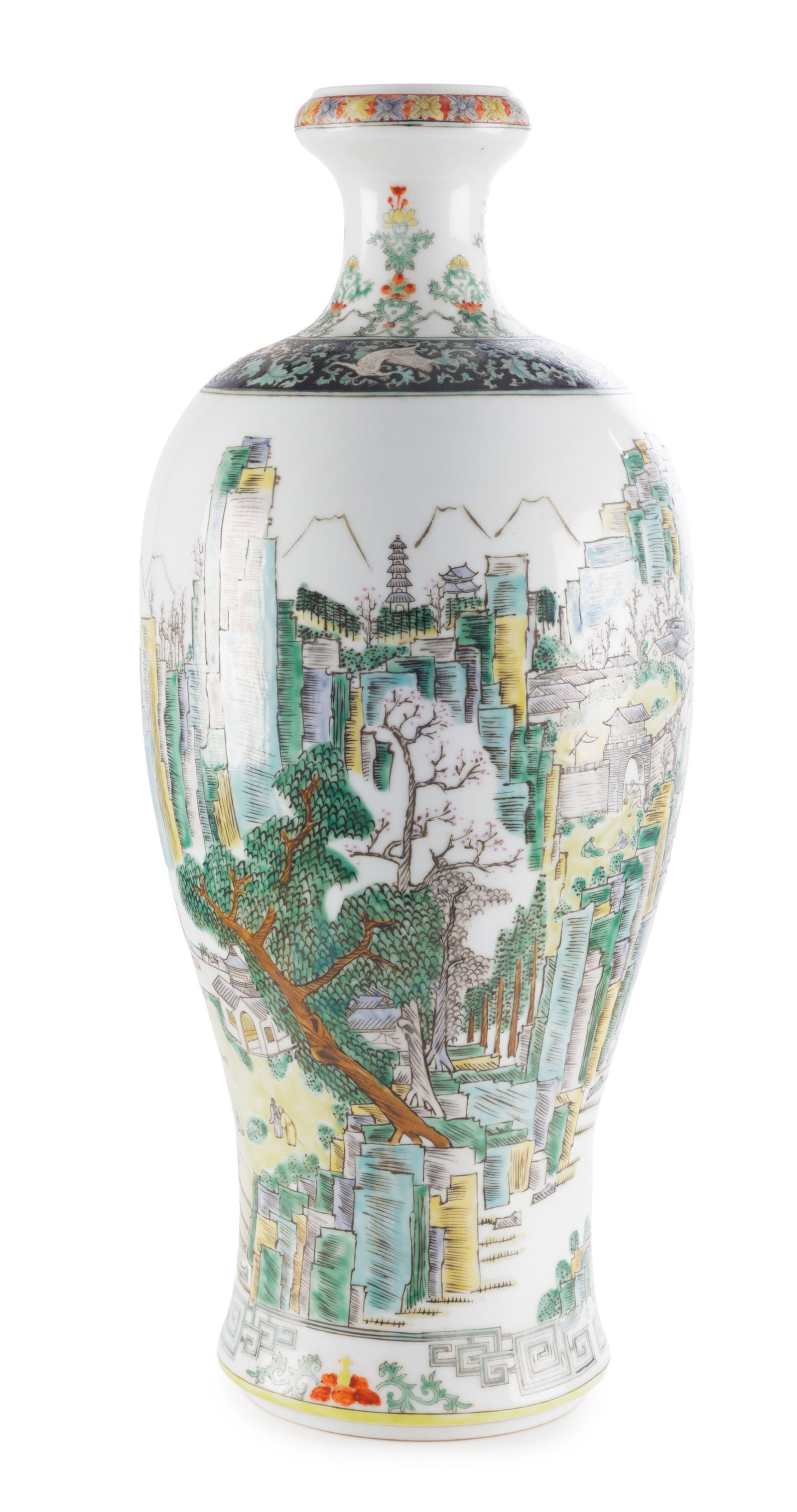 Vase en porcelaine famille verte, Chine, XXe s., décor de paysage animé et frises de rince: Vase en porcelaine famille verte, Chine, XXe s., décor de paysage animé et frises de rinceaux de fleurs, h. 58,5 cm A famille verte porcelain vase, China, 20th century, 58.5 cm high