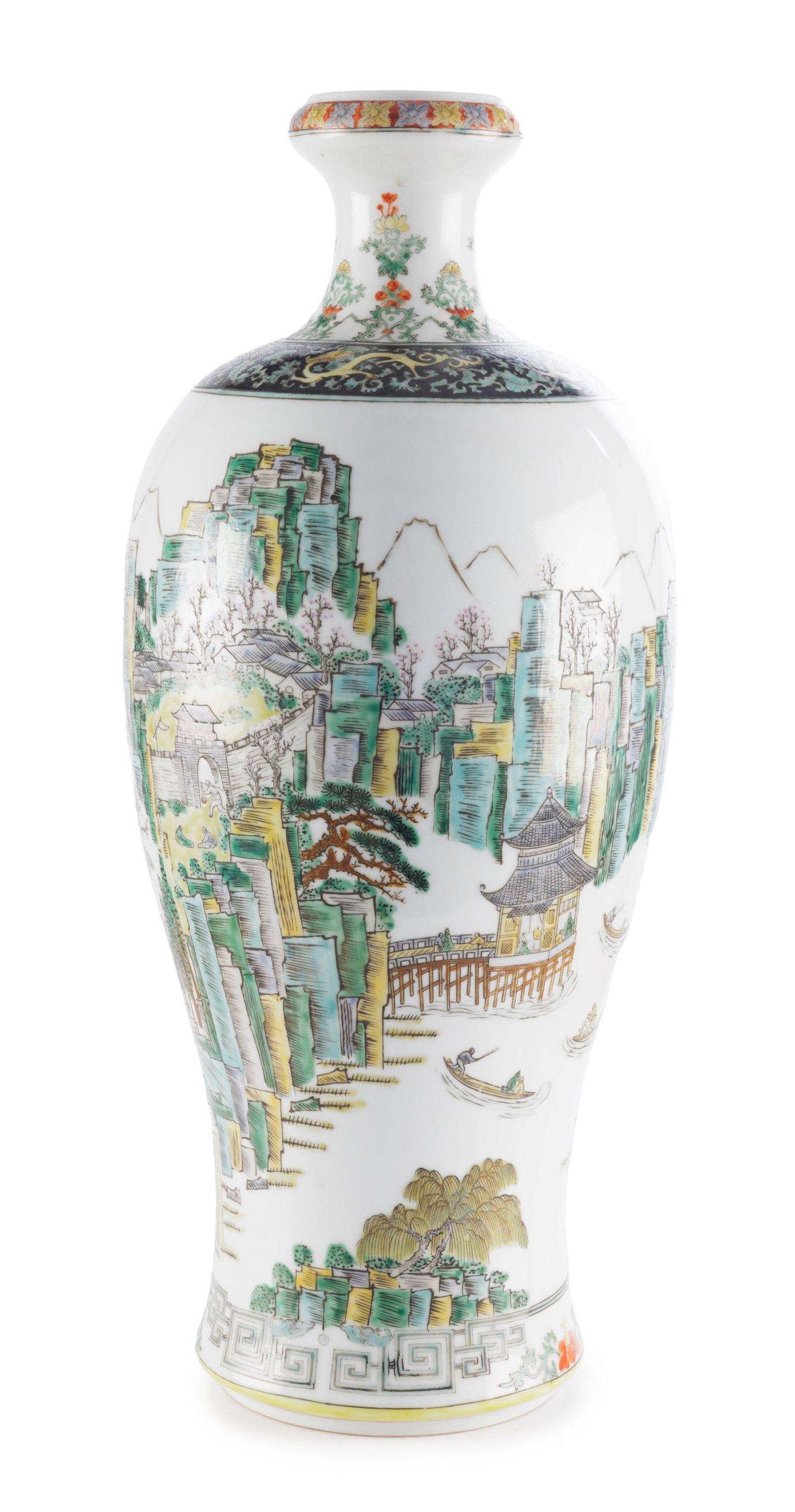 Vase en porcelaine famille verte, Chine, XXe s., décor de paysage animé et frises de rince - 2