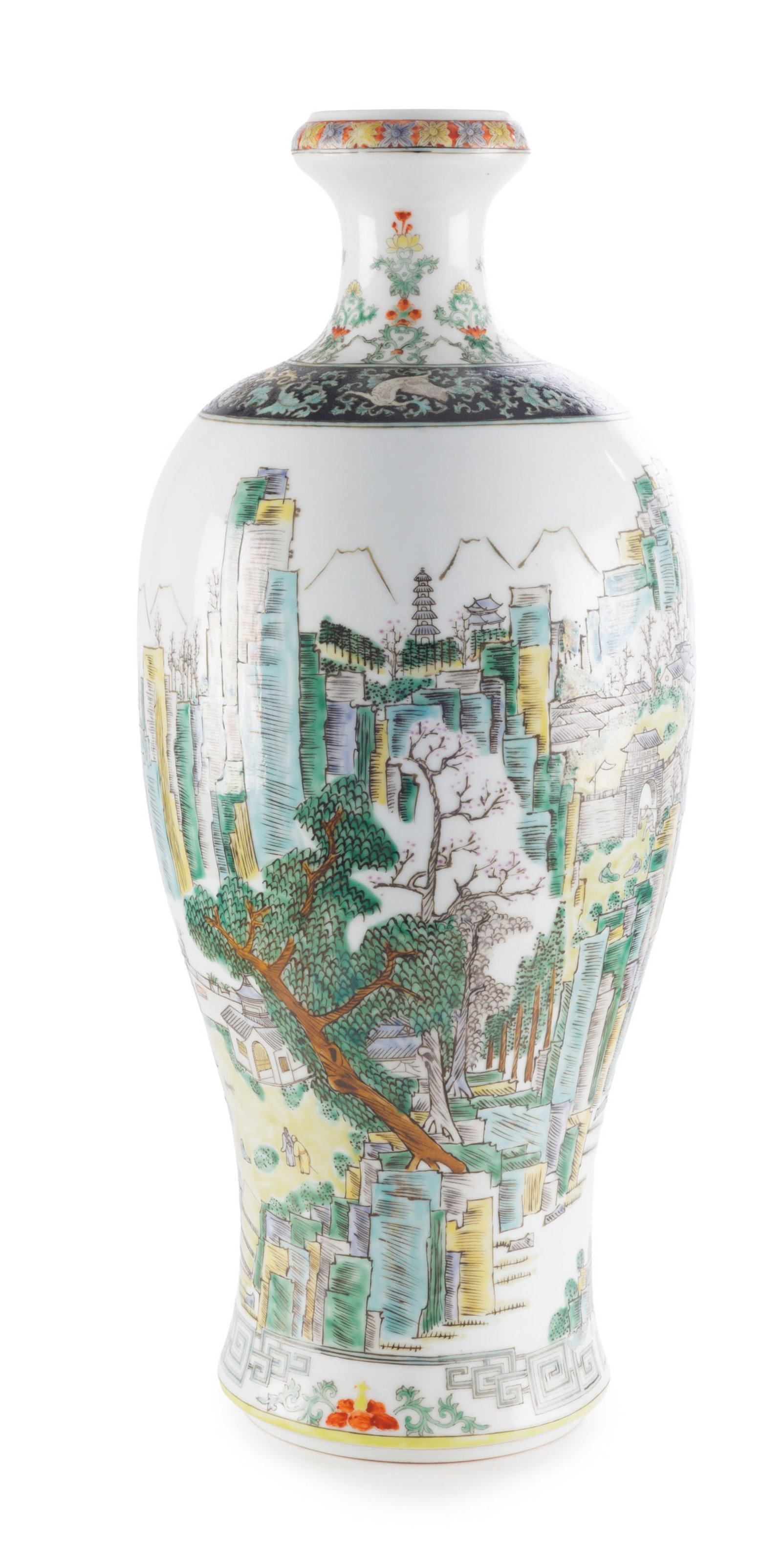 Vase en porcelaine famille verte, Chine, XXe s., décor de paysage animé et frises de rince - 3