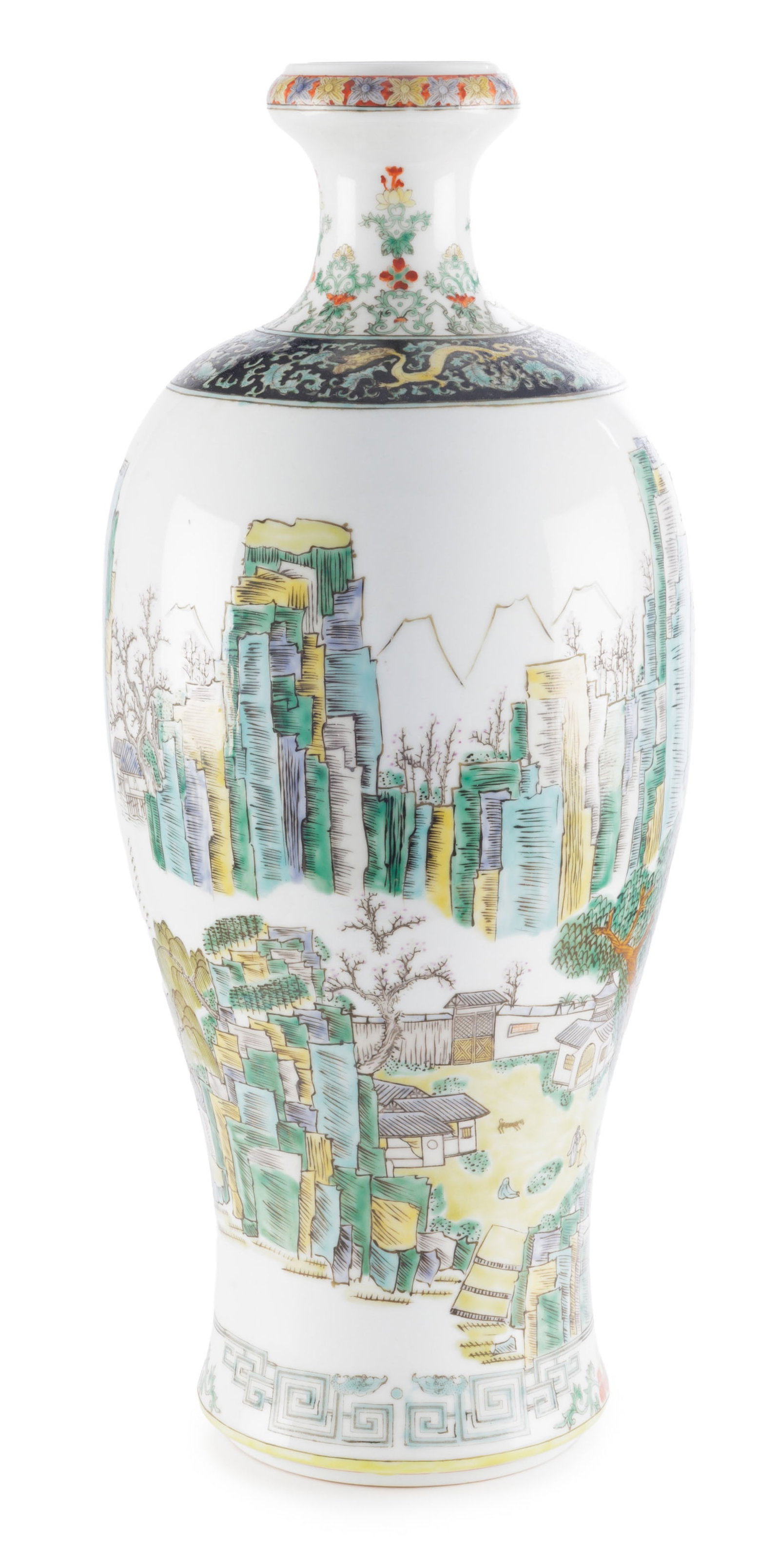 Vase en porcelaine famille verte, Chine, XXe s., décor de paysage animé et frises de rince - 4