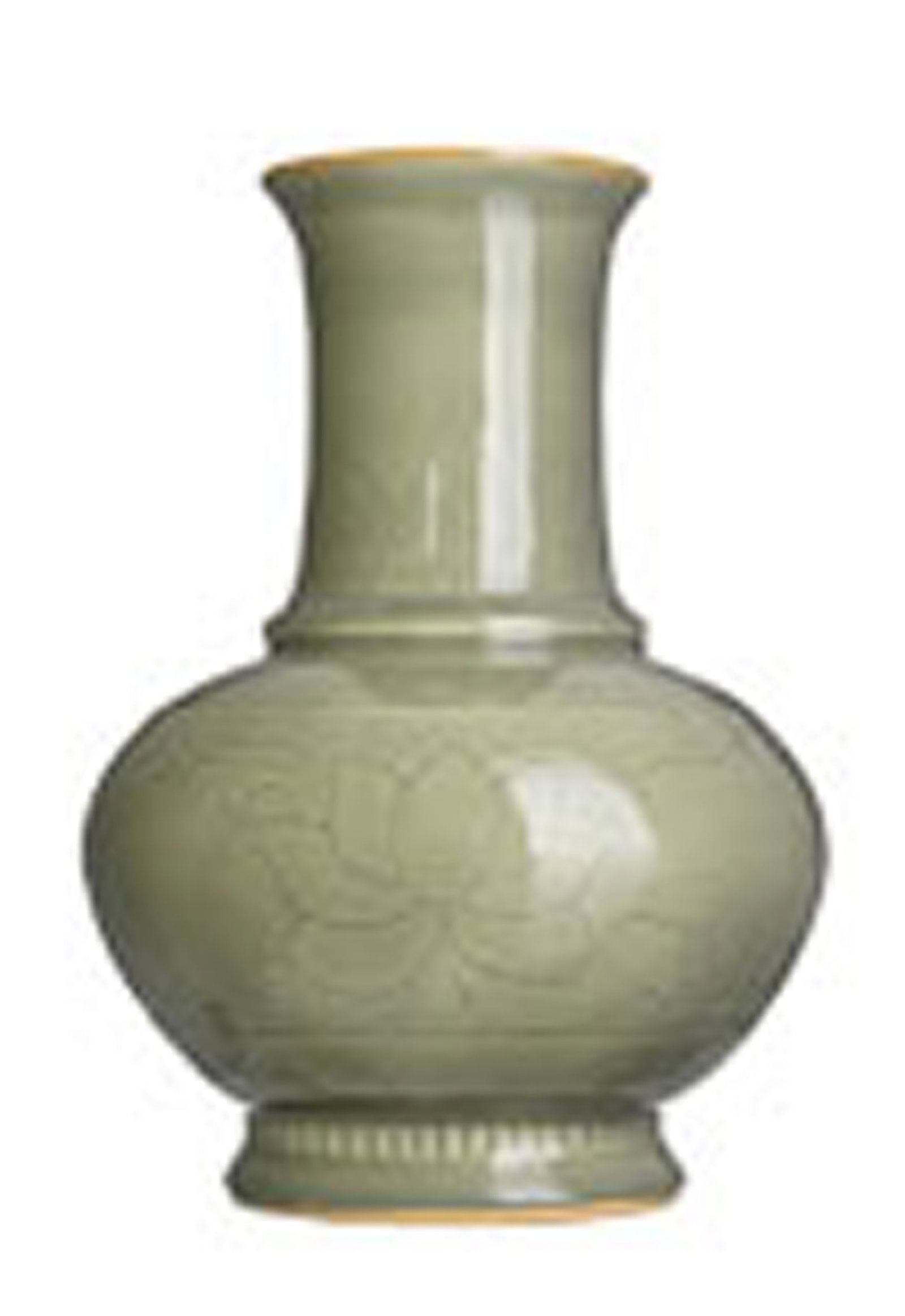 Vase en céramique à glaçure céladon Longquan, Chine, dynastie Qing, décor i: Vase en céramique à glaçure céladon Longquan, Chine, dynastie Qing, décor incisé de frises de lotus, rinceaux et feuilles, h. 34,5 cm (éclat et fêlure) Provenan