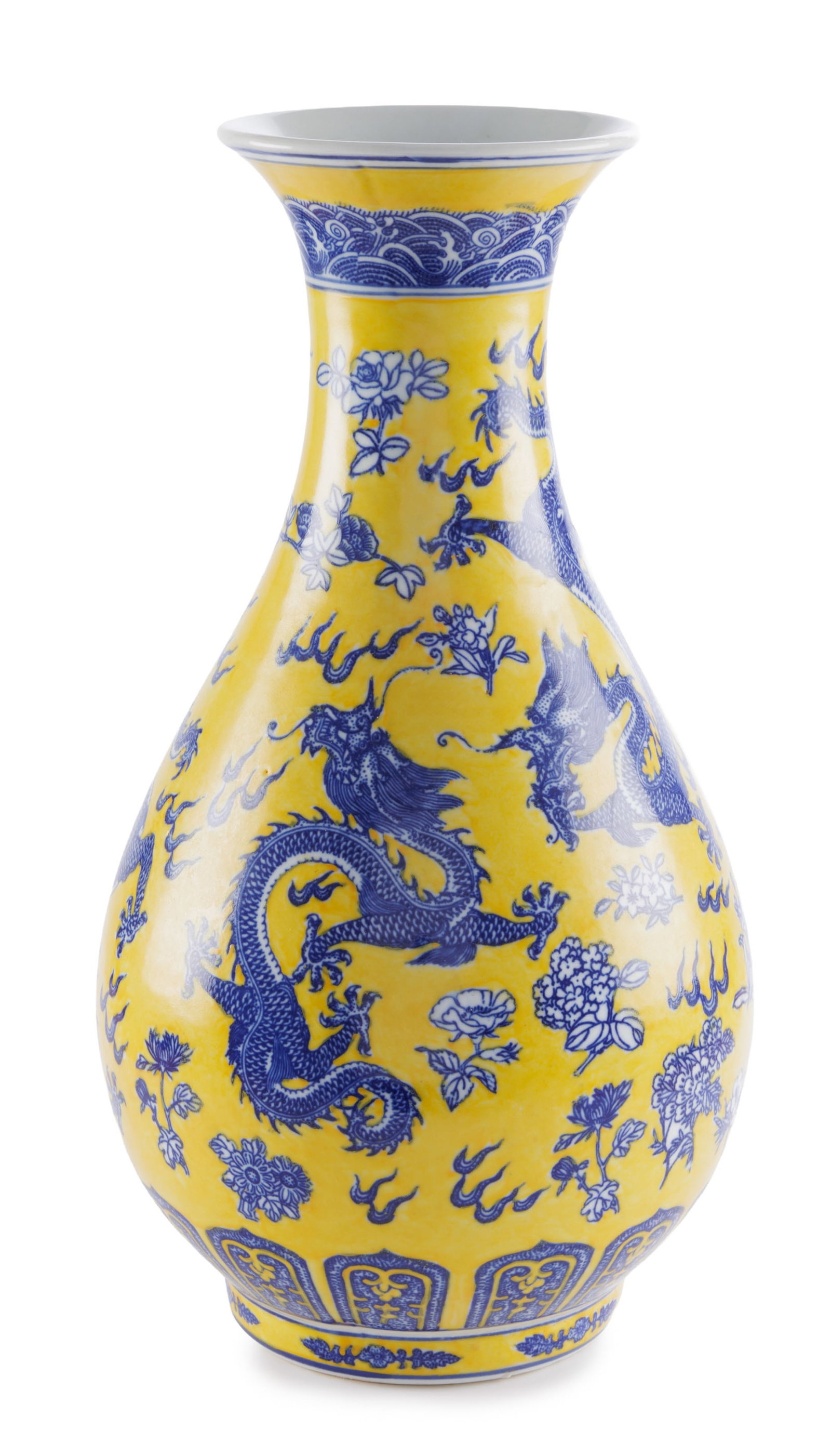 Vase en porcelaine, Chine, moderne, décor en bleu de dragons parmi fleurs et nuées, frise  - 2