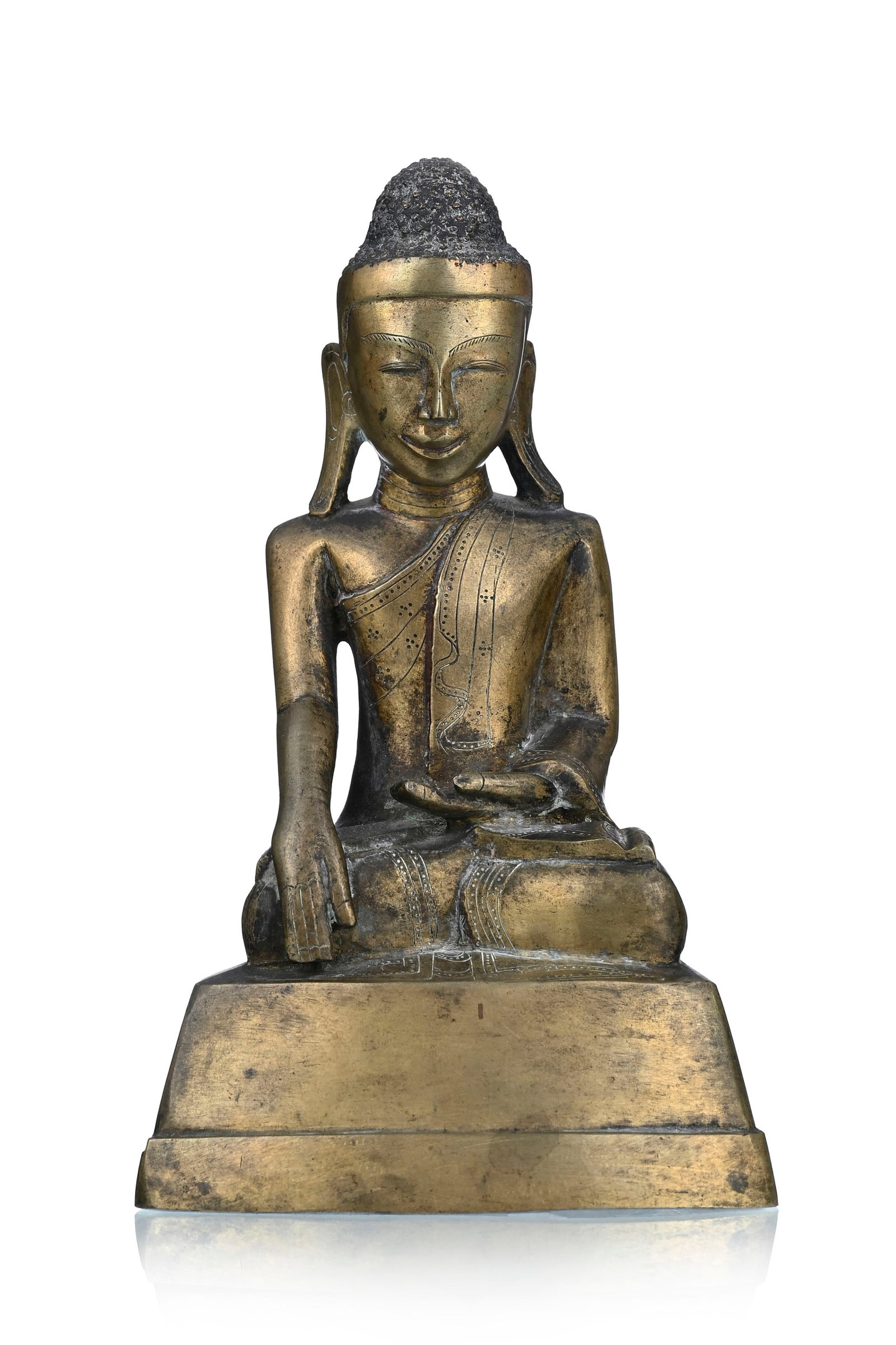 Bouddha assis, statuette en bronze, Birmanie, XIX-XXe s., la main droite en bhumisparsa mudra, inscr (1 of 6)
