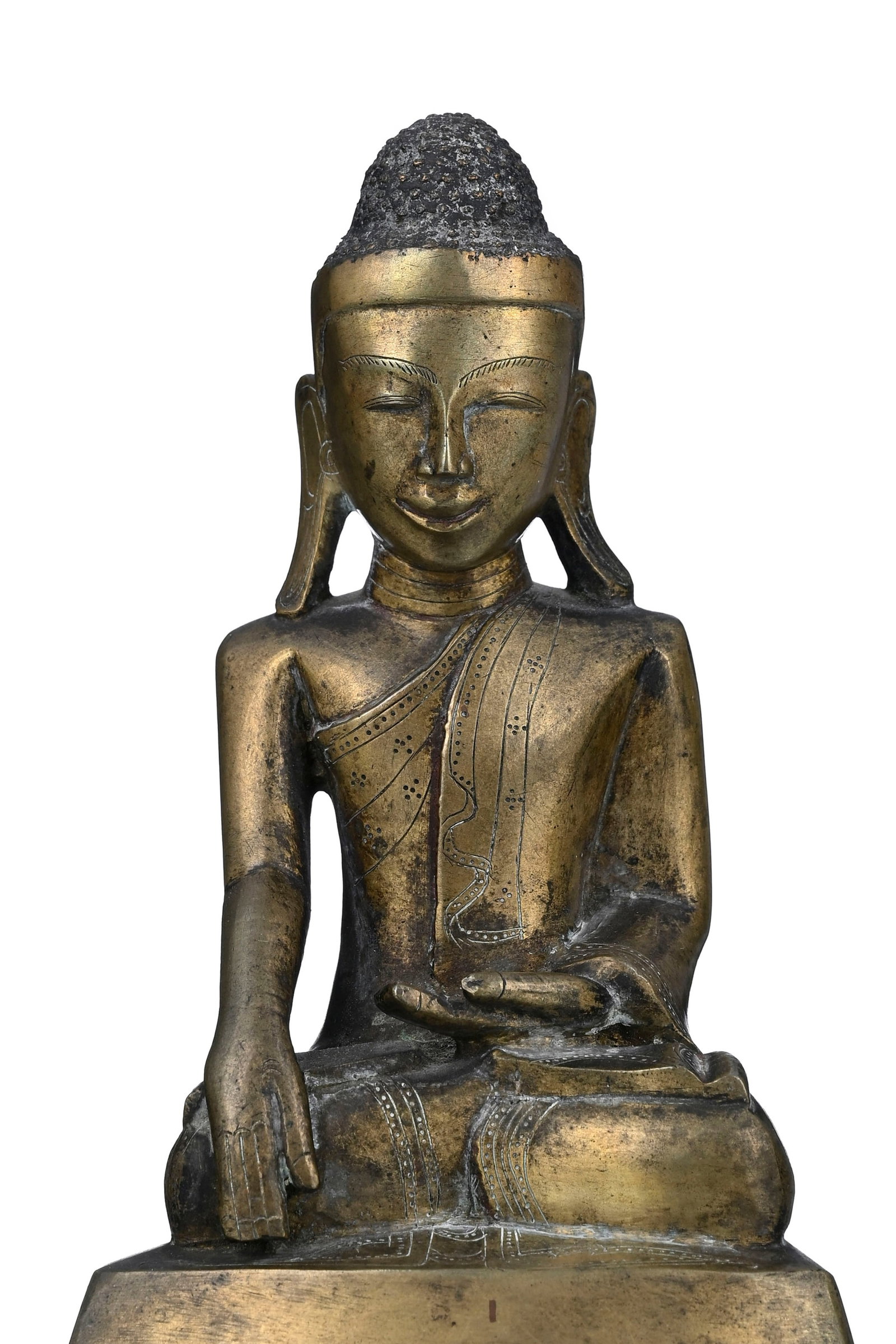 Bouddha assis, statuette en bronze, Birmanie, XIX-XXe s., la main droite en bhumisparsa mudra, inscr - 4