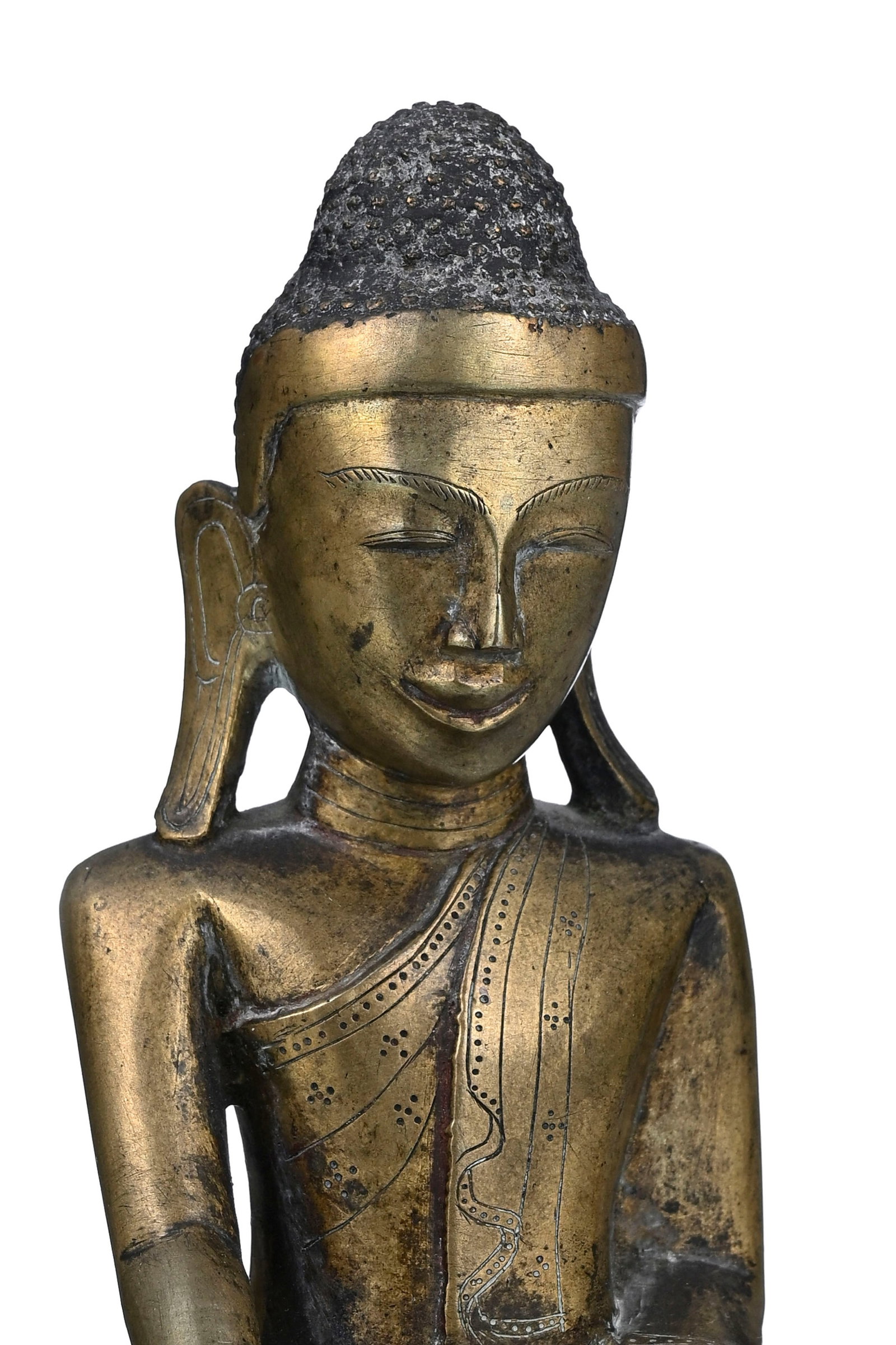 Bouddha assis, statuette en bronze, Birmanie, XIX-XXe s., la main droite en bhumisparsa mudra, inscr - 5