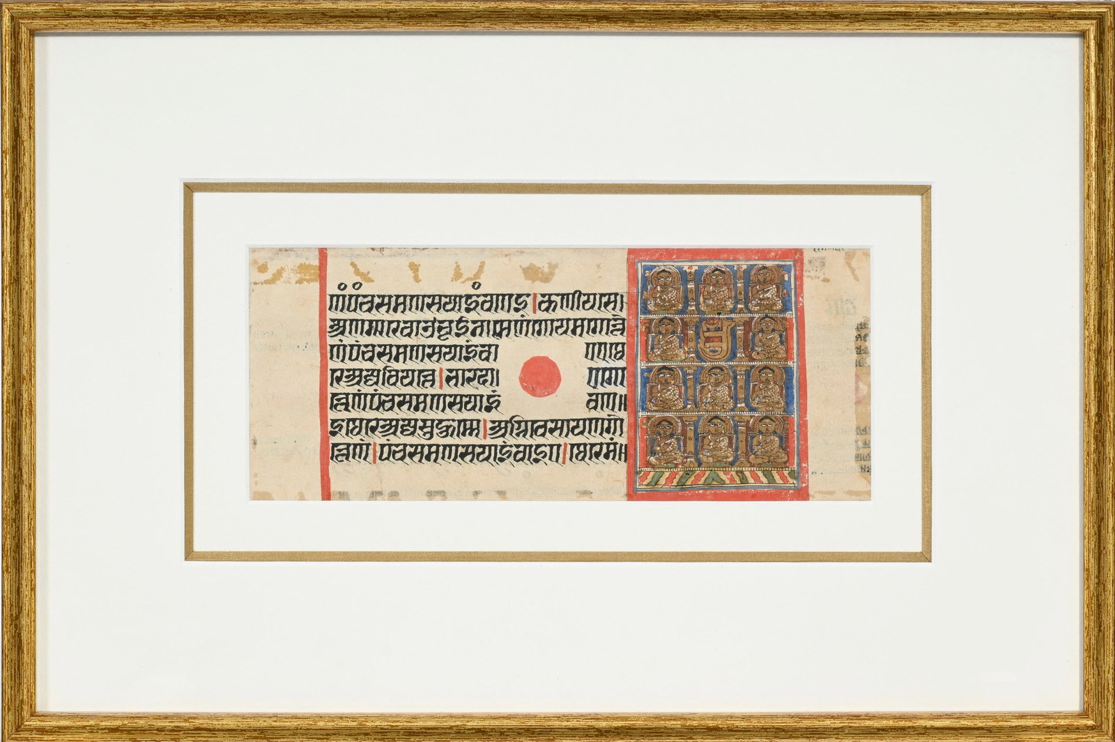 Feuillet partiellement peint tiré d'un manuscrit sur papier probablement tiré du Kalpasutr: Feuillet partiellement peint tiré d'un manuscrit sur papier probablement tiré du Kalpasutra, Gujarat, probablement XV-XVIe s., 25x10,5 cm (recto à vue). Ce feuillet, probablement