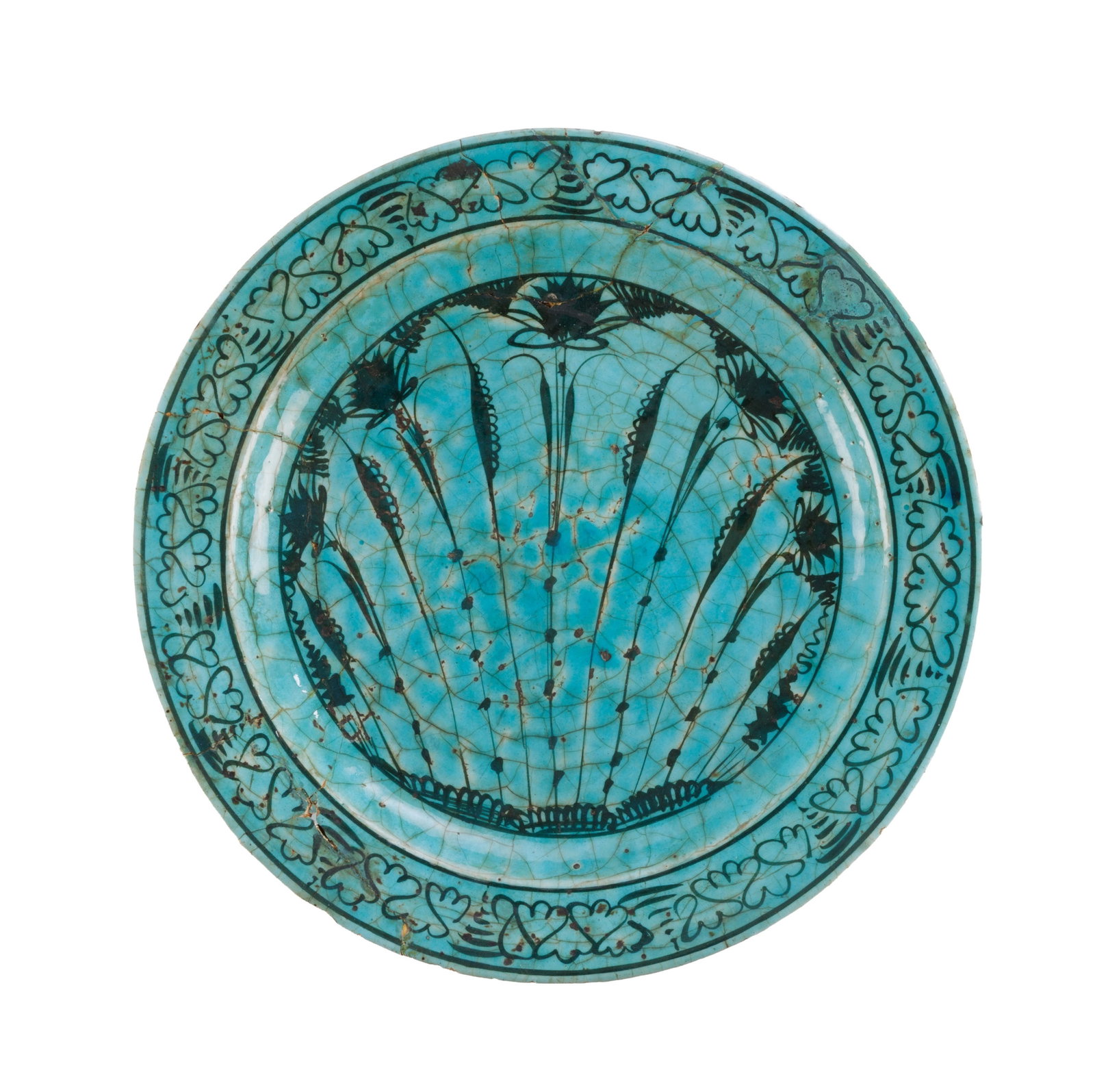 Plat en céramique de Kubachi, Perse, époque safavide, XVIIe s., 33,5 cm (dégâts : Plat en céramique de Kubachi, Perse, époque safavide, XVIIe s., 33,5 cm (dégâts et restaurations) A Kubachi ceramic dish, Persia, Safavid period, 17th century, 33.5 cm (damage and 