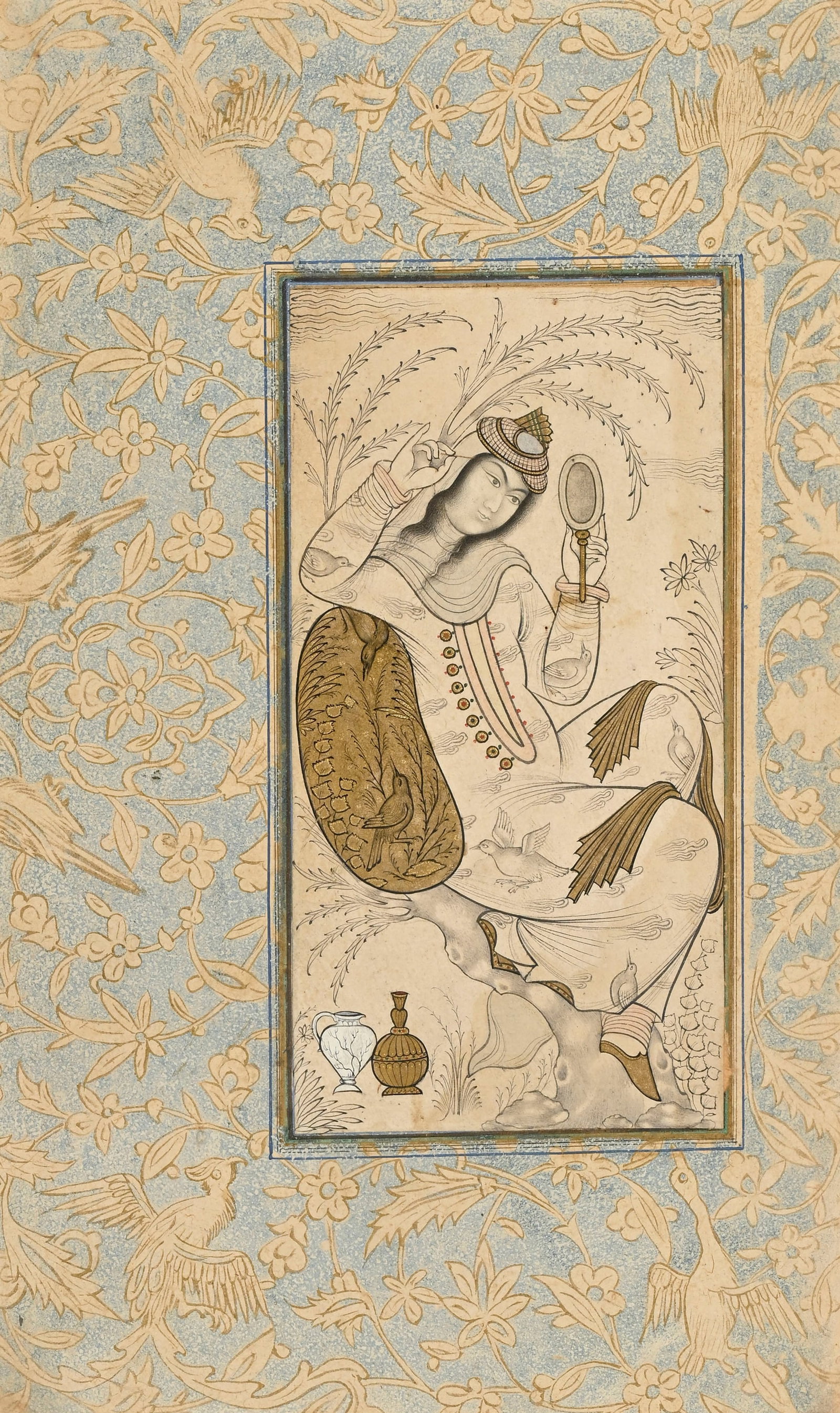 Jeune femme assise sur un arbre se maquillant, dessin au crayon et à l'encre rehaussé de g - 2
