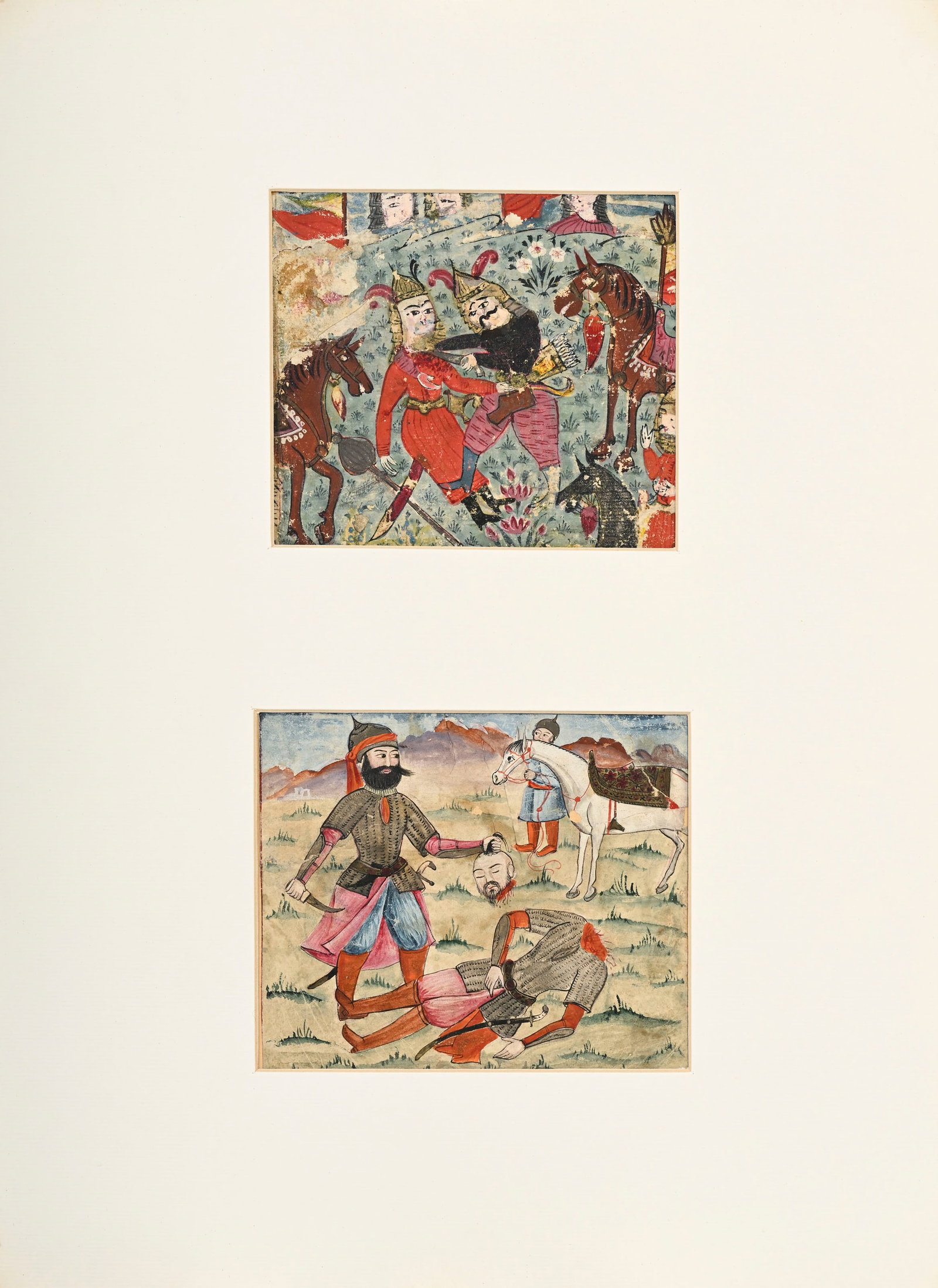 Ensemble de 4 miniatures montées dans trois passe-partout, Perse, XIX-XXe s.: 3 contenant des s - 3