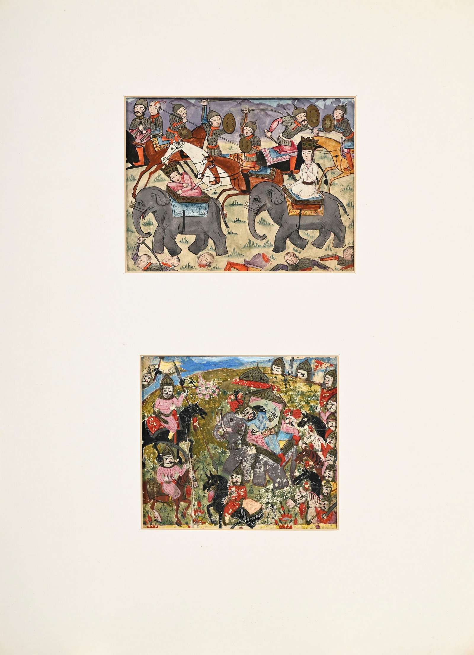 Ensemble de 4 miniatures montées dans trois passe-partout, Perse, XIX-XXe s.: 3 contenant des f: Ensemble de 4 miniatures montées dans trois passe-partout, Perse, XIX-XXe s.: 3 contenant des figures d'éléphants et 1 contenant des navires hippoformes, tailles diverses, 42,5x31 cm