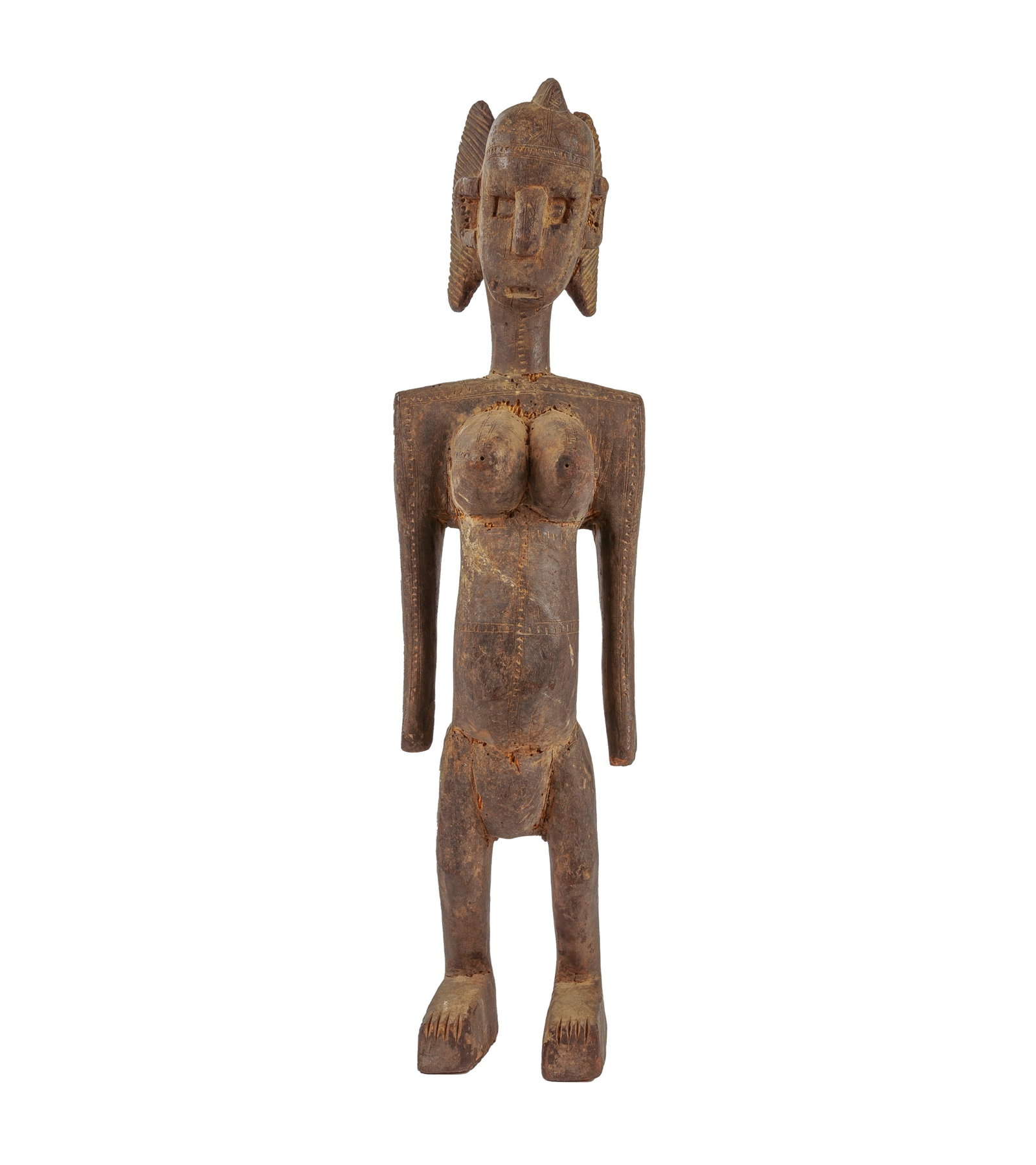 Statue féminine Bambara, bois à patine brun-gris, aux seins et fessier proéminents, s (1 of 4)