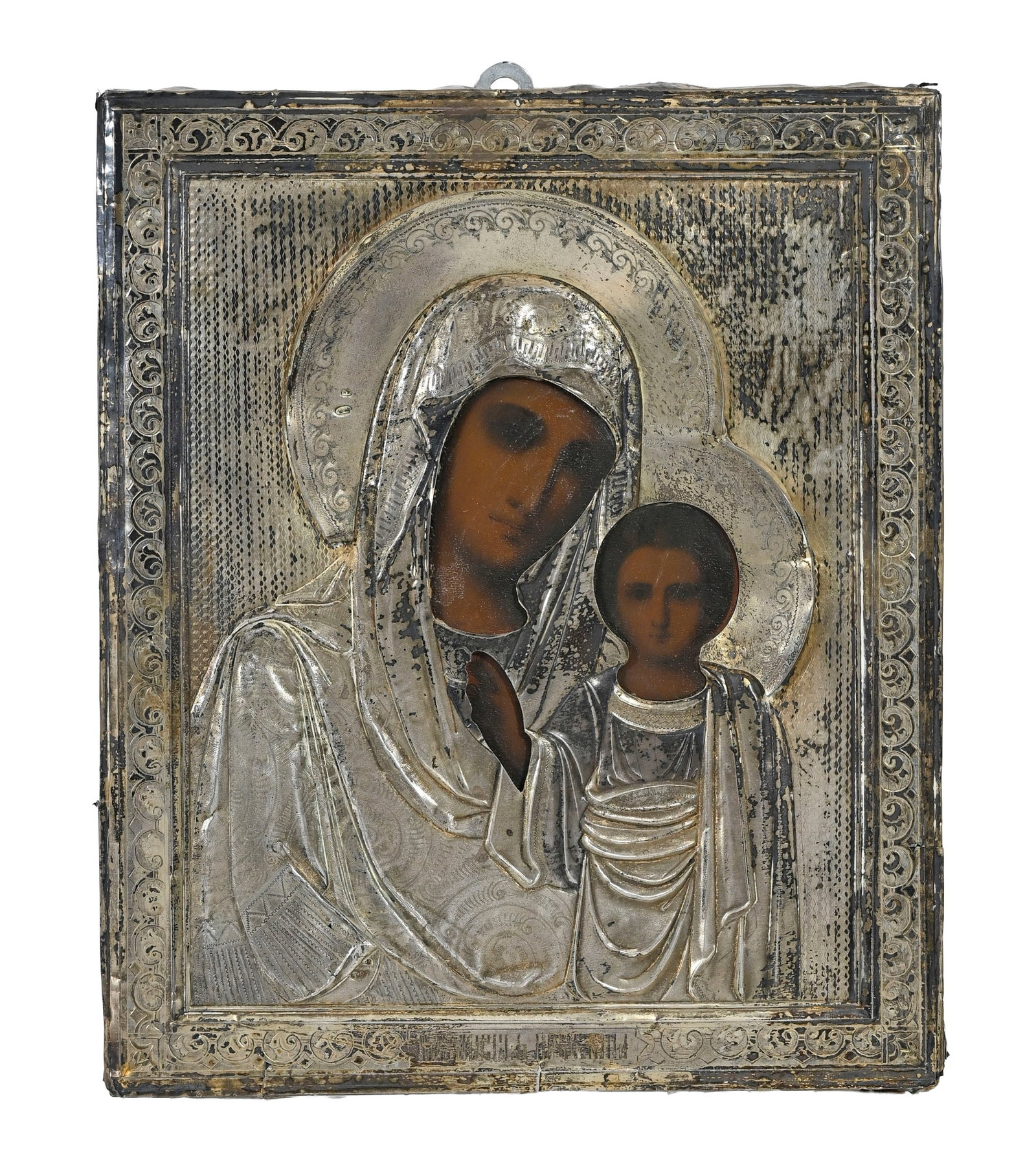 Vierge à l’enfant Kazan, icône sur panneau avec oklad en argent, Russie début X: Vierge à l’enfant Kazan, icône sur panneau avec oklad en argent, Russie début XXe., kokoshnik 84, Moscou 1908-1917, 26,5x22 cm