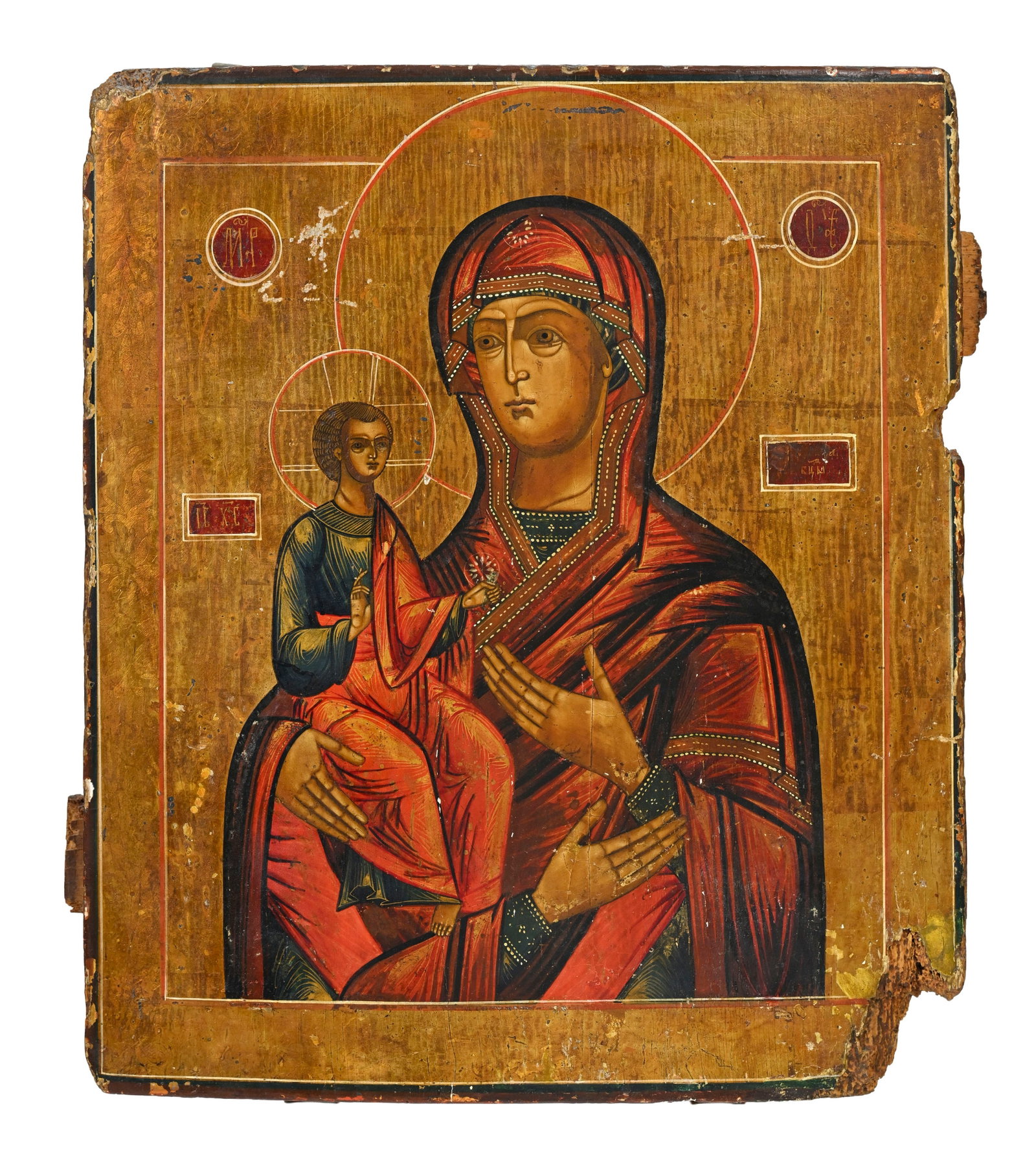 Vierge à trois mains, icône sur panneau polychrome et doré, Russie XIXe s., 44x38 cm (1 of 2)