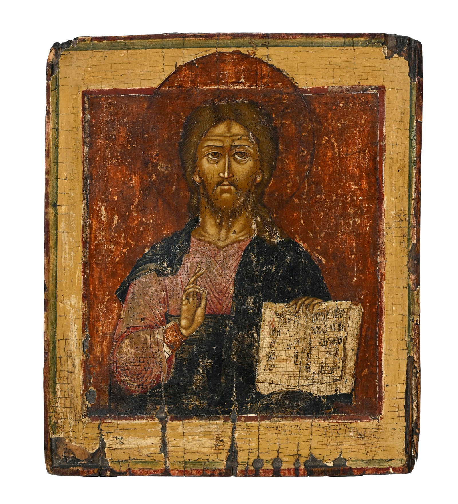 Christ Pantokrator, icône sur panneau polychrome, Russie fin XVII-début XVIIIe s., 31x26 c: Christ Pantokrator, icône sur panneau polychrome, Russie fin XVII-début XVIIIe s., 31x26 cm Condition Le panneau a été traité avec un vernis qui a craquelé, laissa