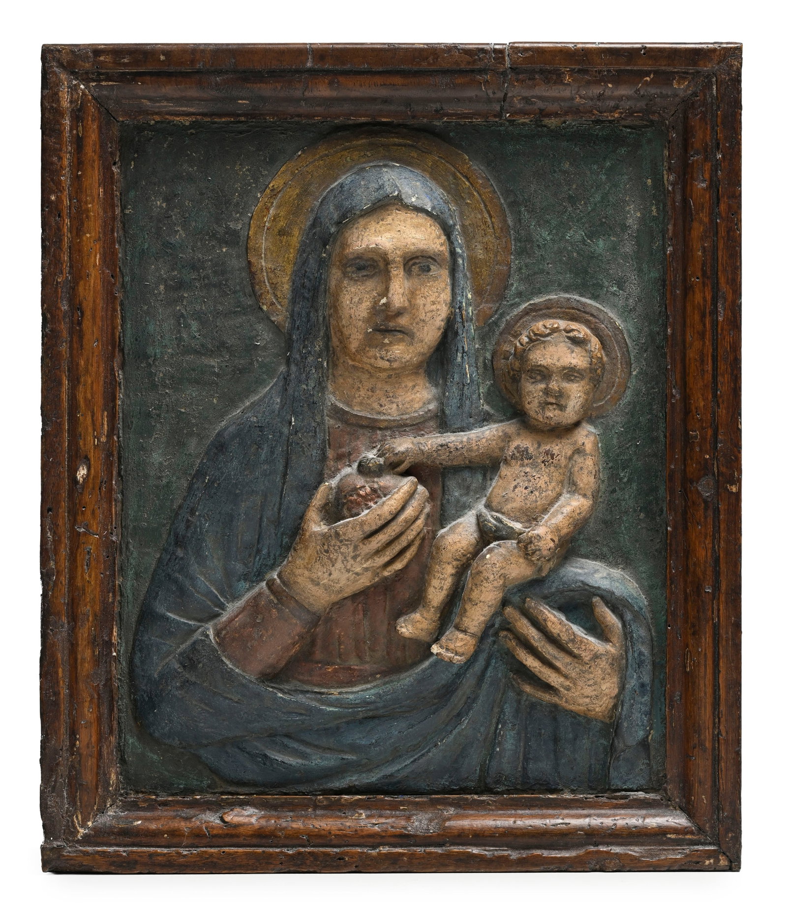 Vierge à la grenade, haut relief en terre cuite peinte, Italie XVI-XVIIe s., représentant  (1 of 3)