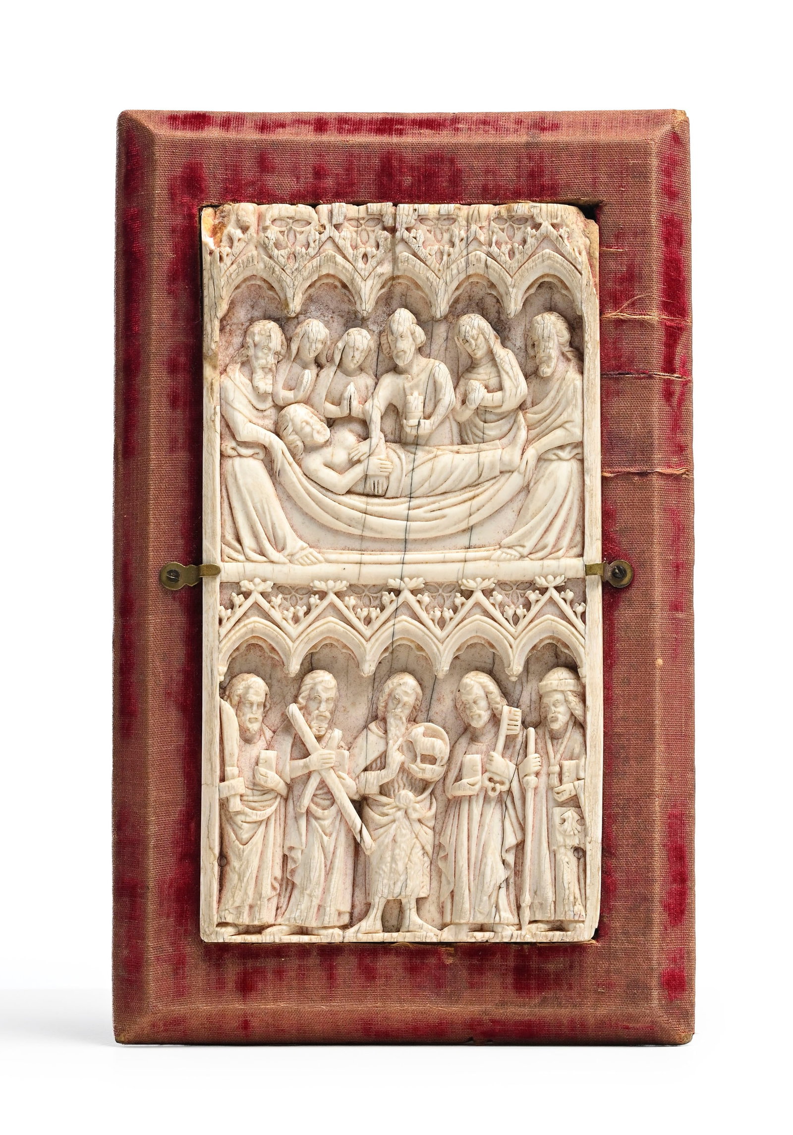 Plaque en ivoire de mammouth, France XIVe s., sculpté en bas relief de deux registres: l'embaum - 2