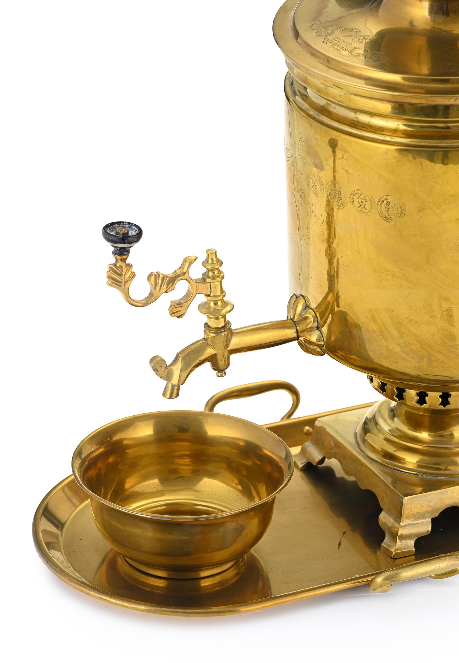 Samovar en laiton, Batasheva, Toula début XXe s., avec son cheminée, plateau et bol post&# - 2