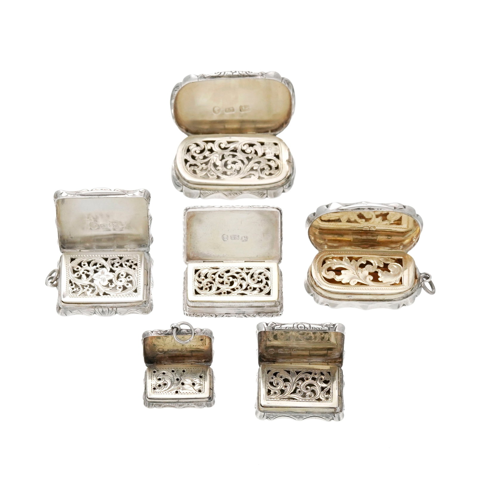 Ensemble de 6 vinaigrettes d'époque Victorienne en argent et vermeil anglais, 3 vinaigrettes gr - 2