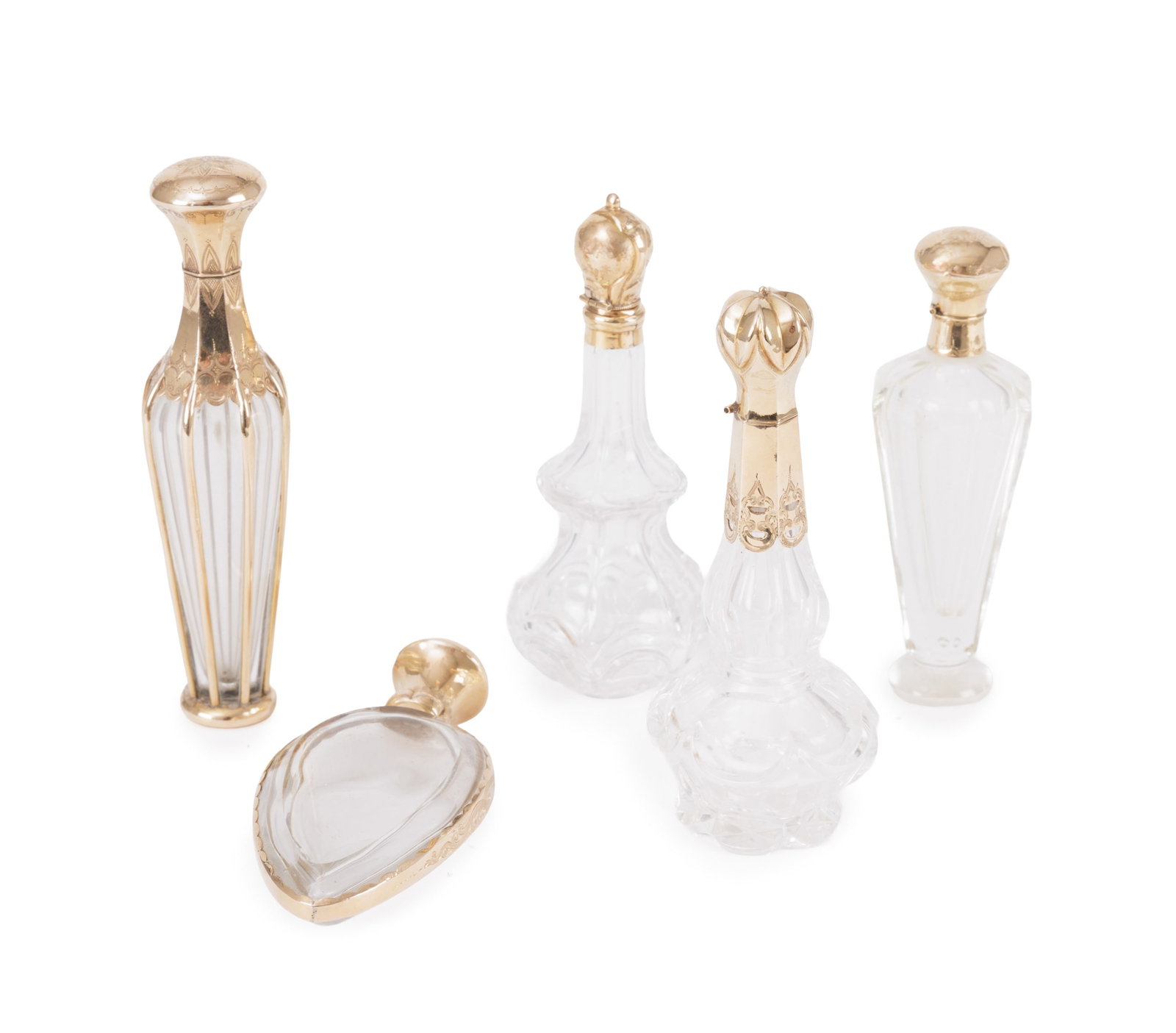 Ensemble de 5 flacons en verre taillé avec capsules en or, XVIII-XIXe s., divers tailles (1 of 6)