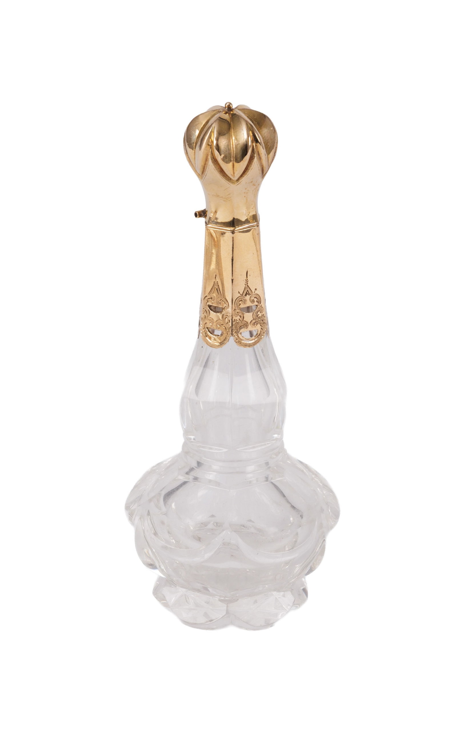Ensemble de 5 flacons en verre taillé avec capsules en or, XVIII-XIXe s., divers tailles - 5