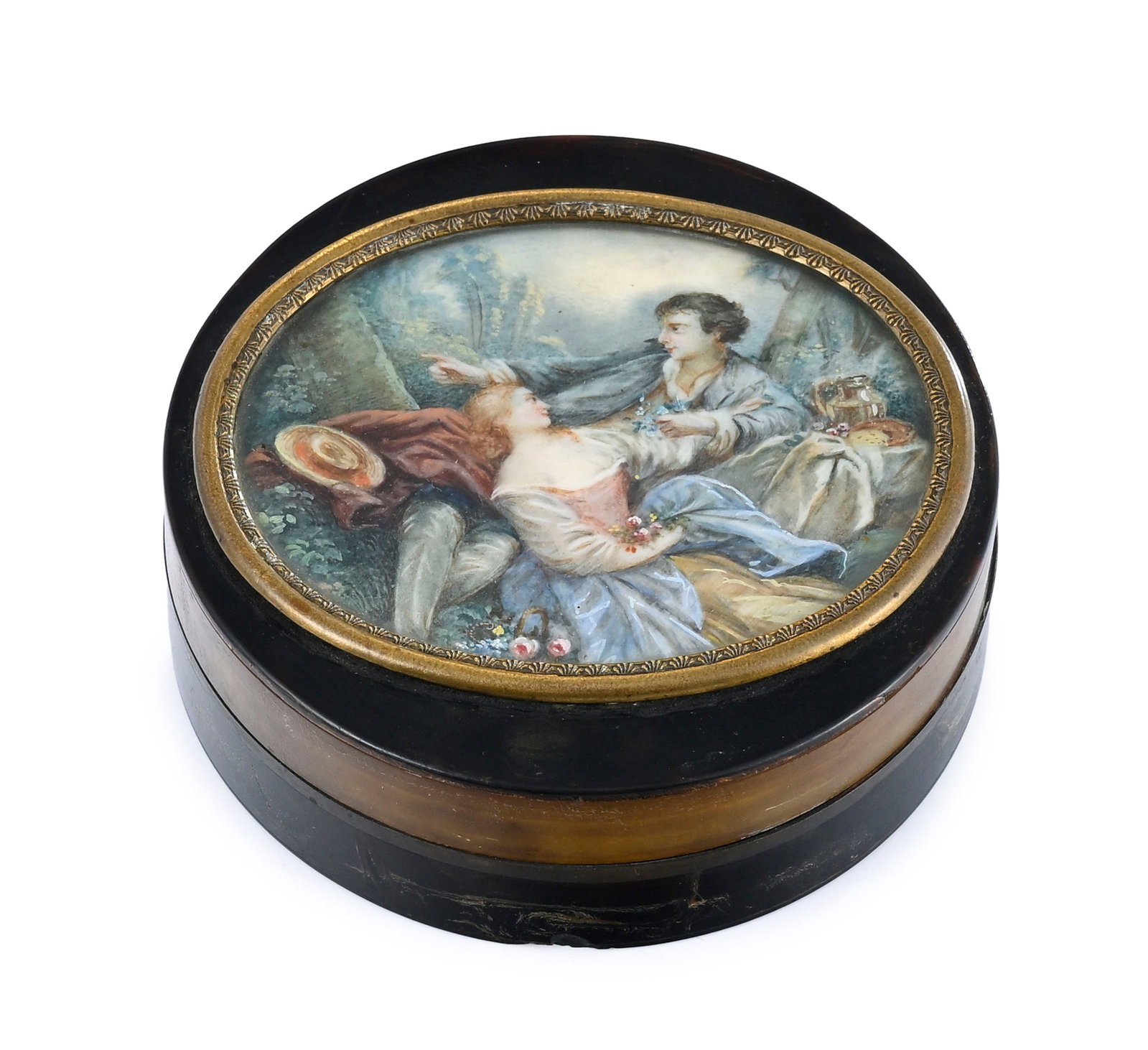 Boîte ronde en écaille, couvercle centré d'une miniature, France XIXe s., figurant un - 4
