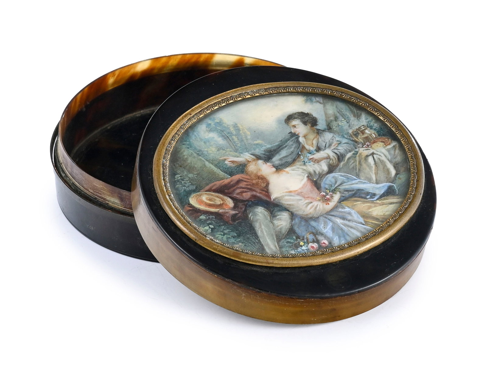 Boîte ronde en écaille, couvercle centré d'une miniature, France XIXe s., figurant un - 6