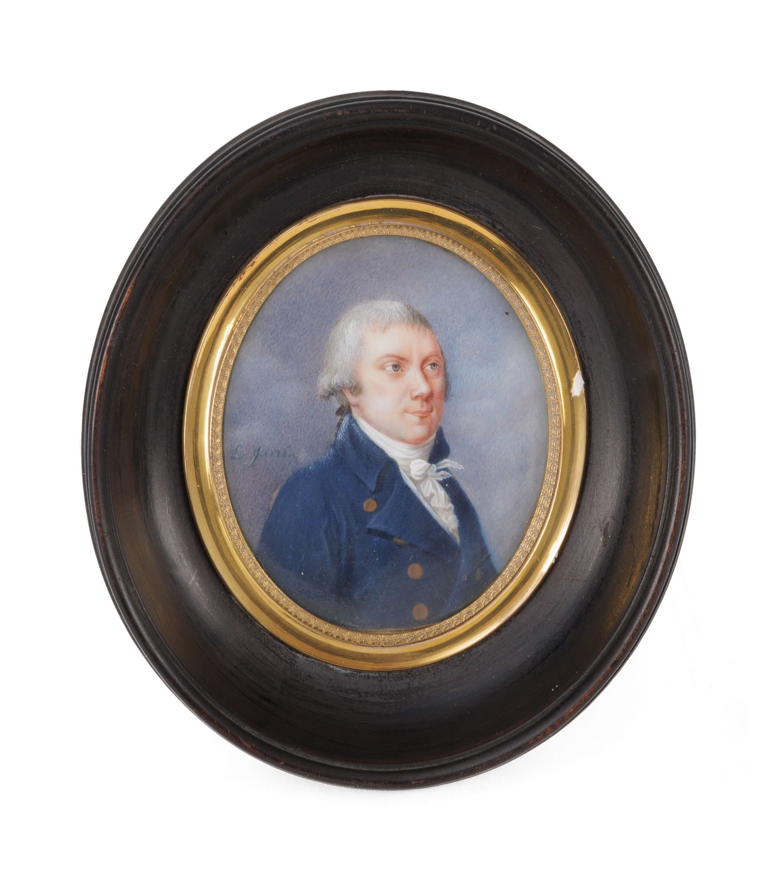 Louise Janin (1781-1842), attr. à, portrait de Monsieur Paul Gédéon Blondel-Ziegler (: Louise Janin (1781-1842), attr. à, portrait de Monsieur Paul Gédéon Blondel-Ziegler (1751-1863), miniature ovale en gouache et aquarelle sur ivoire, 7x6 cm + Des restrictions d’ex