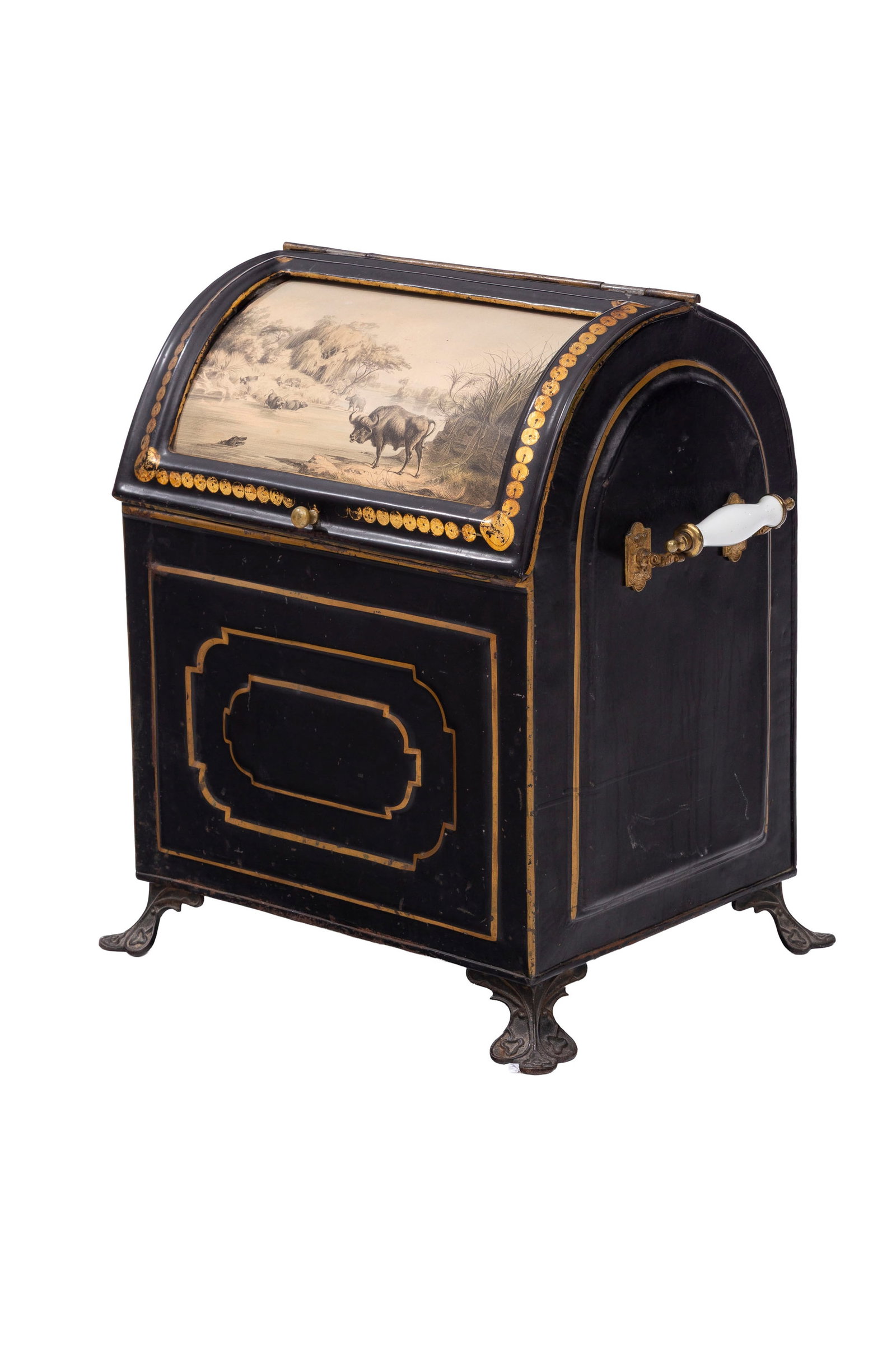 Caisse à charbon, fin XIXe s., en tôle peinte noire et or, poignées latérales en (1 of 3)