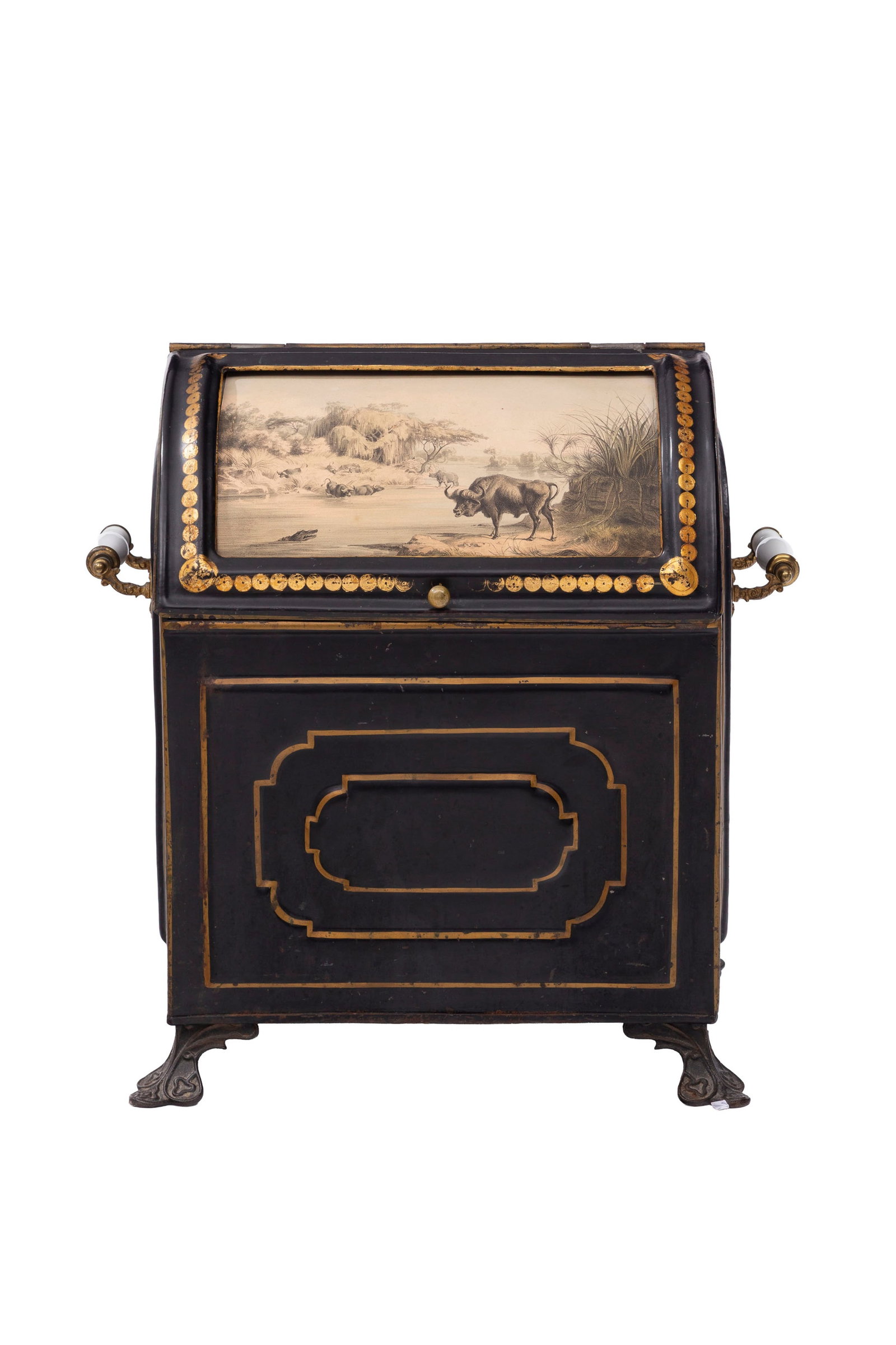 Caisse à charbon, fin XIXe s., en tôle peinte noire et or, poignées latérales en - 2