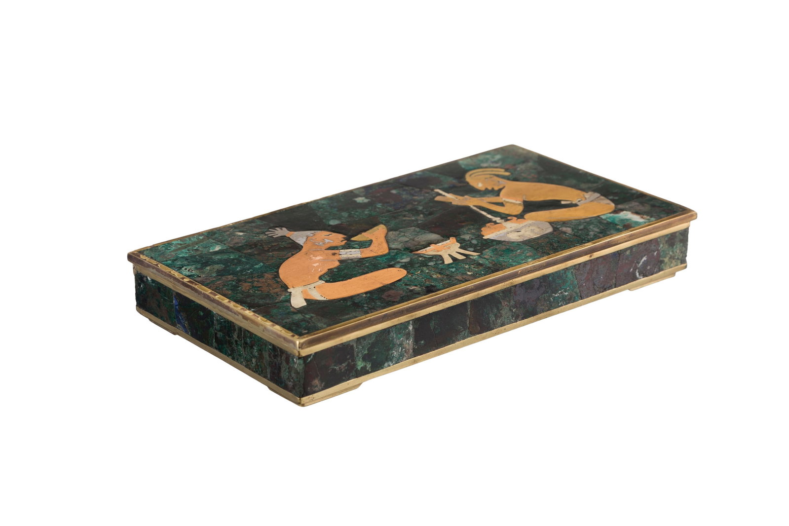 Boîte rectangulaire à cigarettes en laiton et pierre dure verte type malachite, Mexique, X - 3