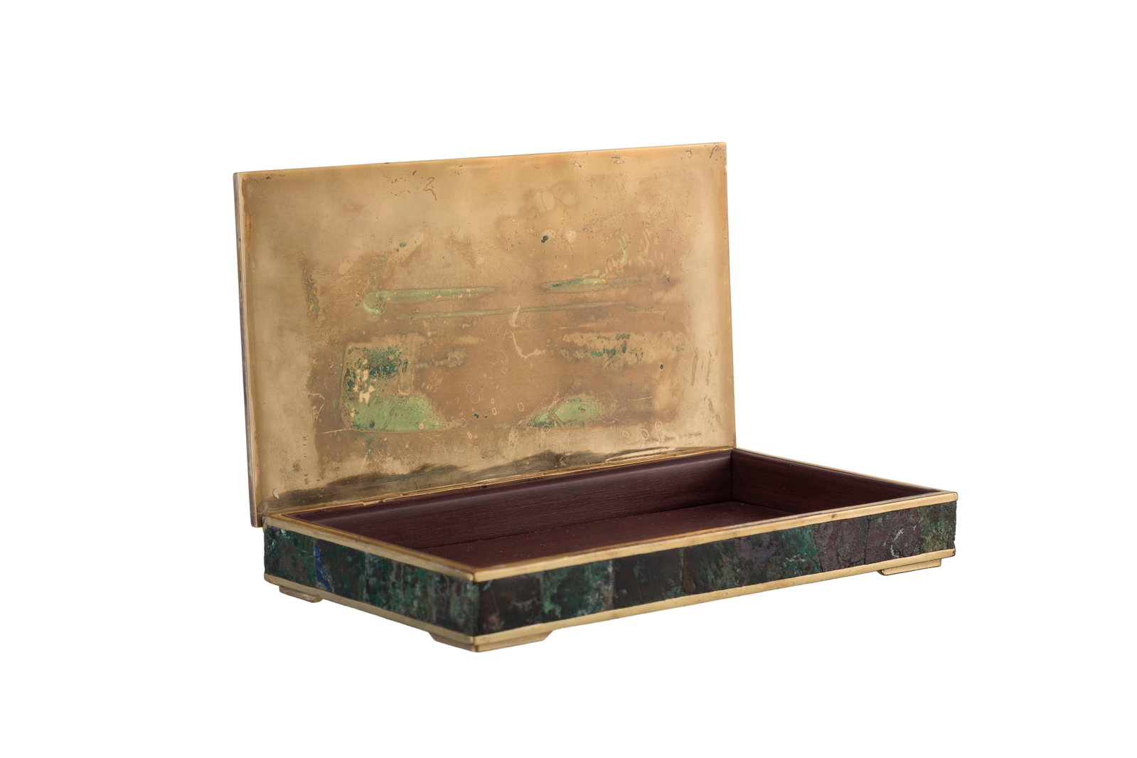 Boîte rectangulaire à cigarettes en laiton et pierre dure verte type malachite, Mexique, X - 4