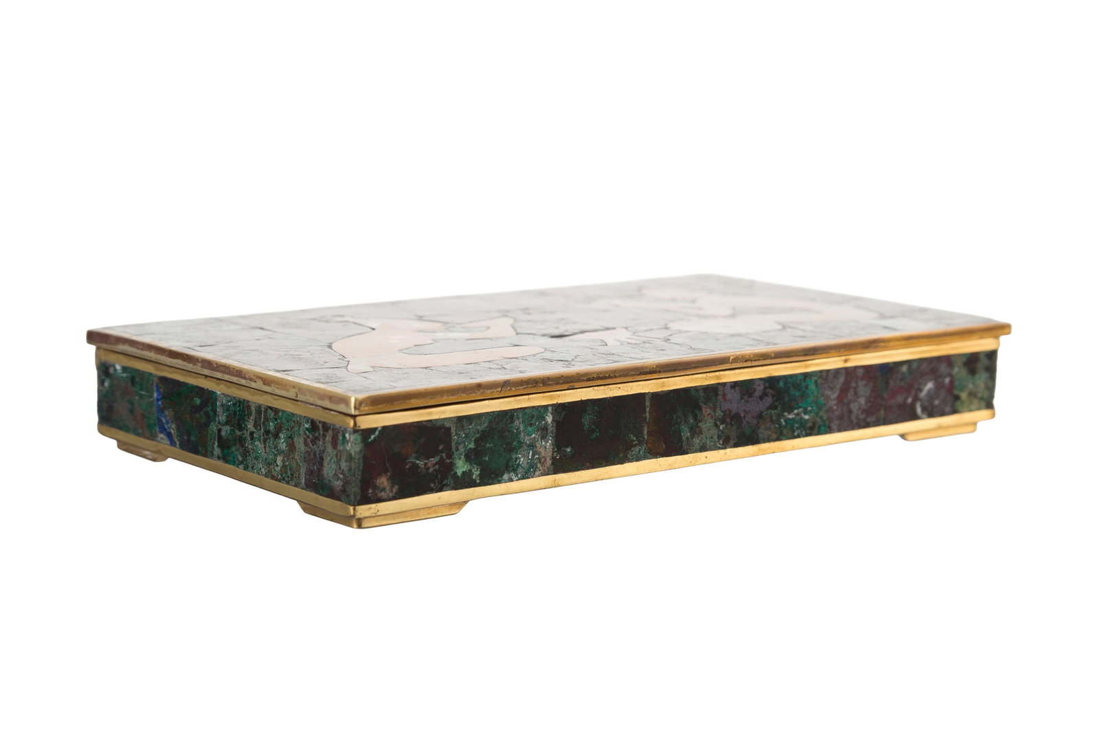 Boîte rectangulaire à cigarettes en laiton et pierre dure verte type malachite, Mexique, X - 6