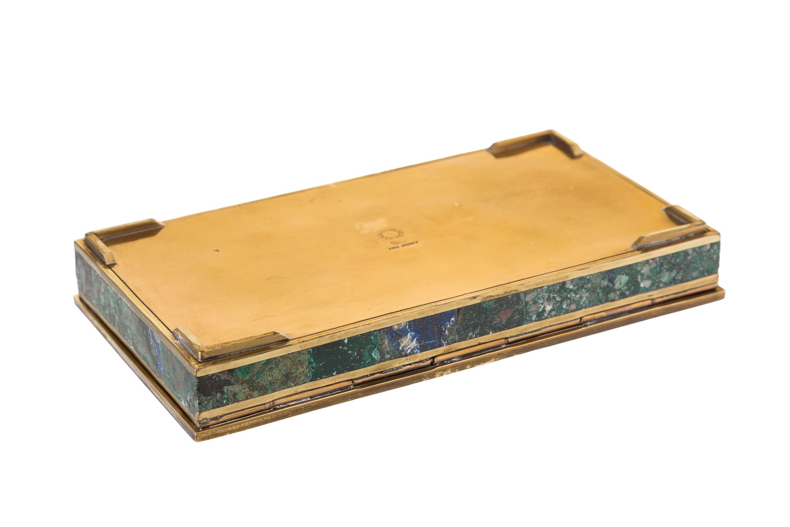Boîte rectangulaire à cigarettes en laiton et pierre dure verte type malachite, Mexique, X - 7