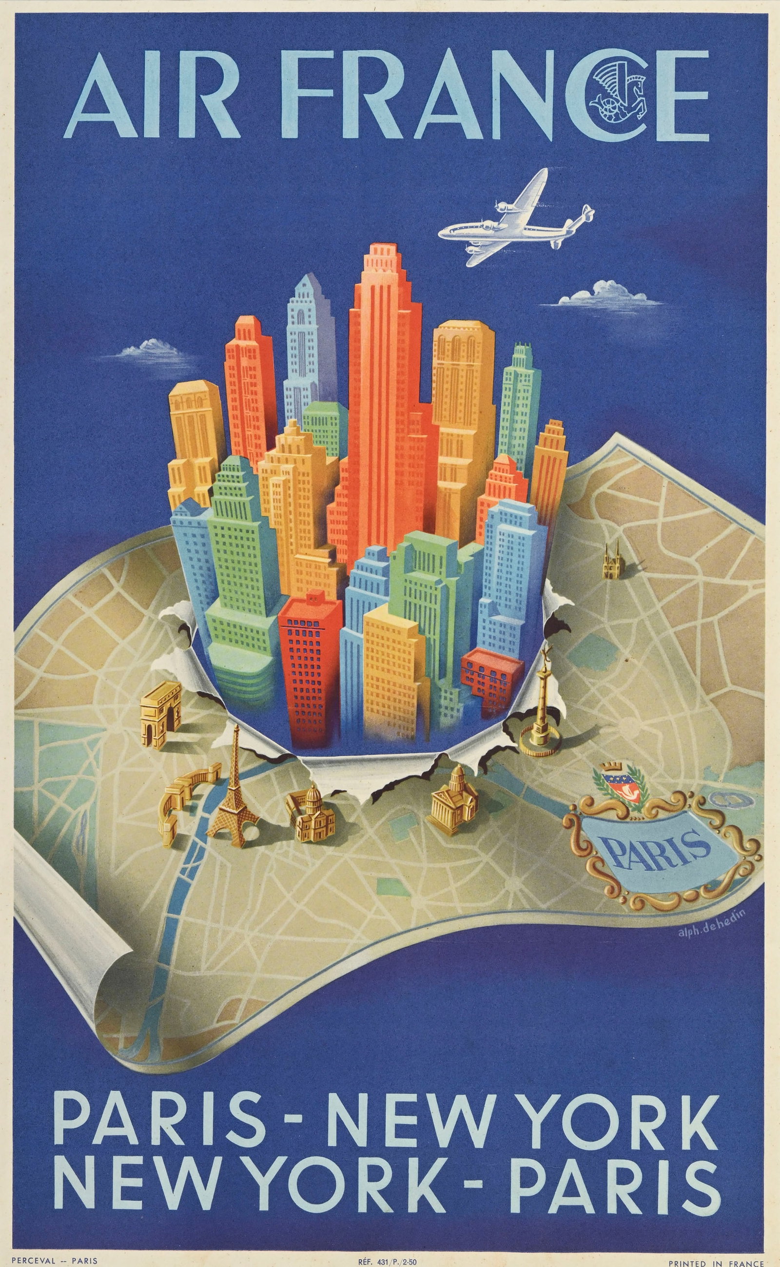 Alphonse DEHEDIN, Air France Paris-New York New-York-Paris, circa 1950, Perceval -- Paris, Réf : Alphonse DEHEDIN, Air France Paris-New York New-York-Paris, circa 1950, Perceval -- Paris, Réf 431/P./2-50, affiche encadrée, 49x30 cm (à vue)