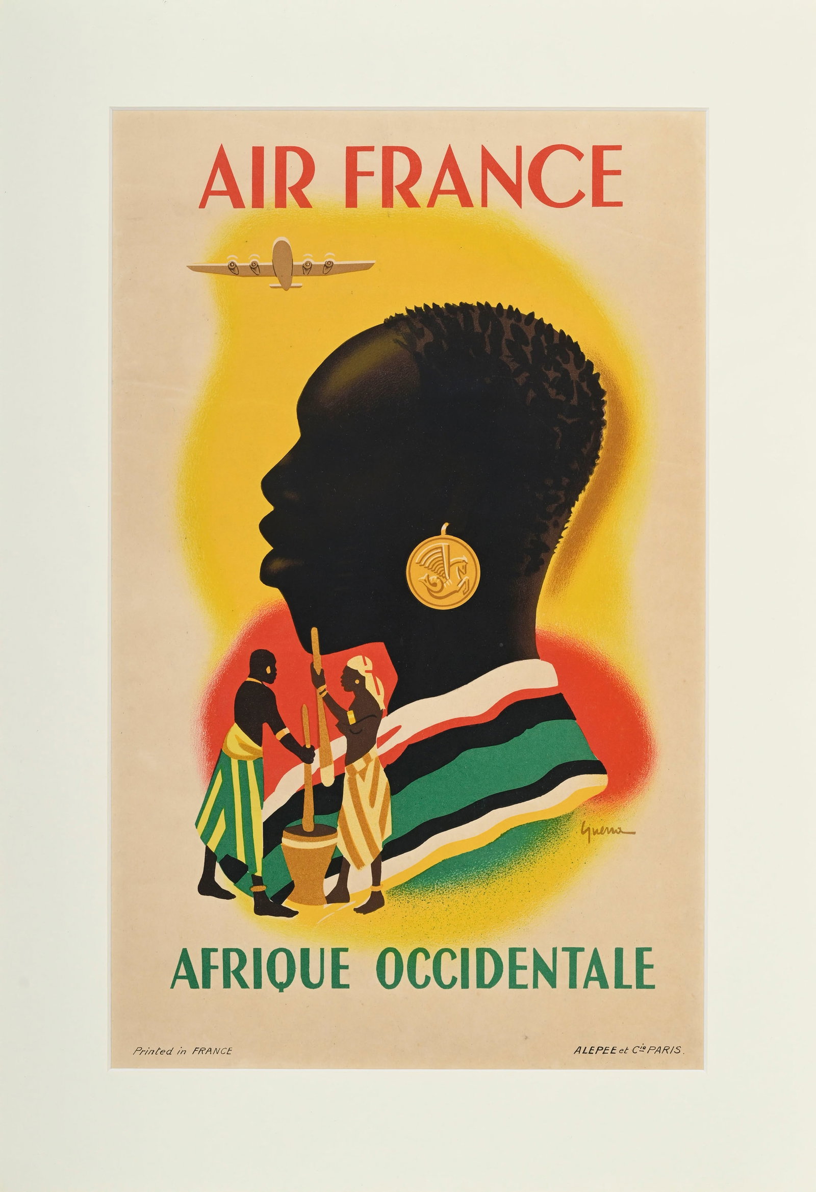 Vincent GUERRA, Air France, Afrique Occidentale, circa 1948, Alepee et Cie Paris, affiche encadr: Vincent GUERRA, Air France, Afrique Occidentale, circa 1948, Alepee et Cie Paris, affiche encadrée, 48x29,5 cm (à vue)