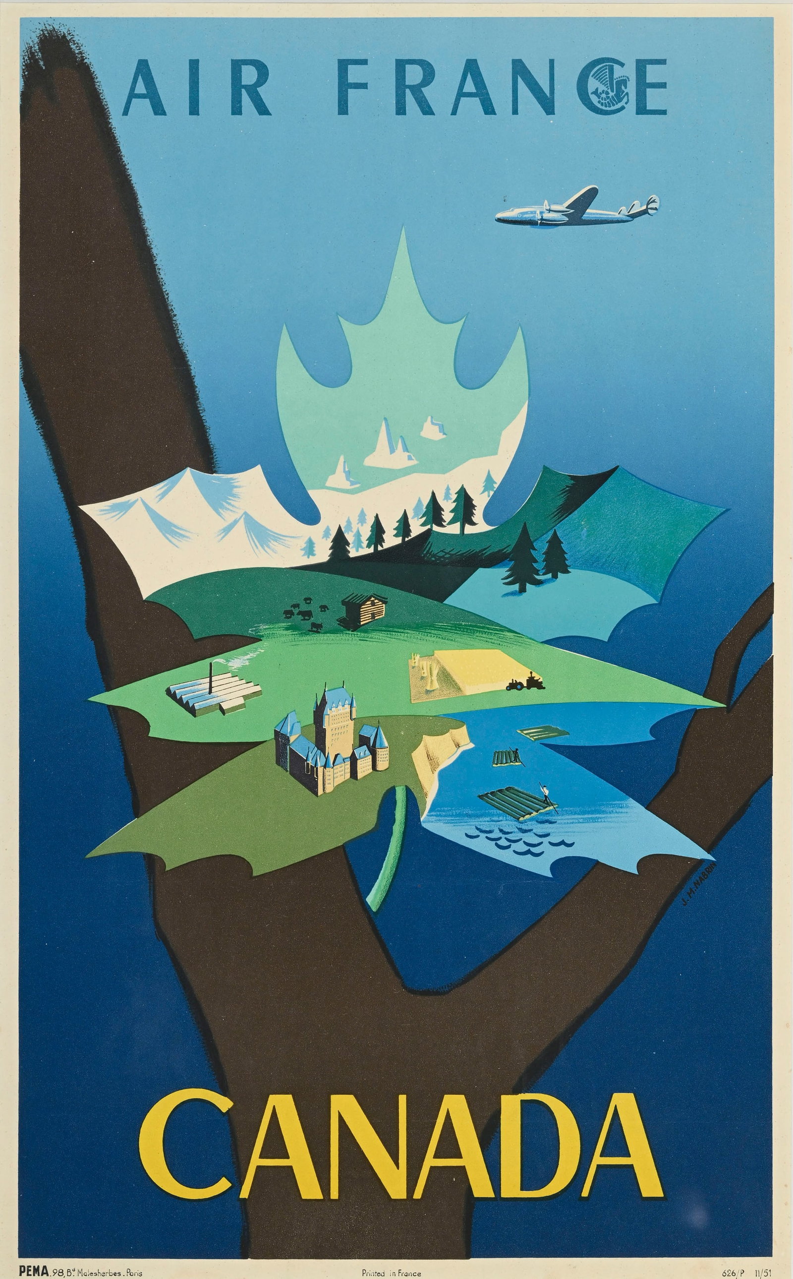 Air France, Canada, circa 1951, PEMA, 98, Bd Malesherbes. Paris, 626/P 11/51, affiche encadrée, (1 of 6)