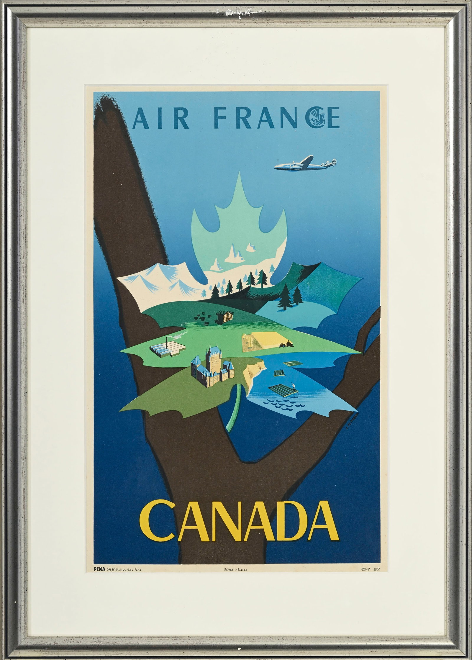 Air France, Canada, circa 1951, PEMA, 98, Bd Malesherbes. Paris, 626/P 11/51, affiche encadrée, - 2