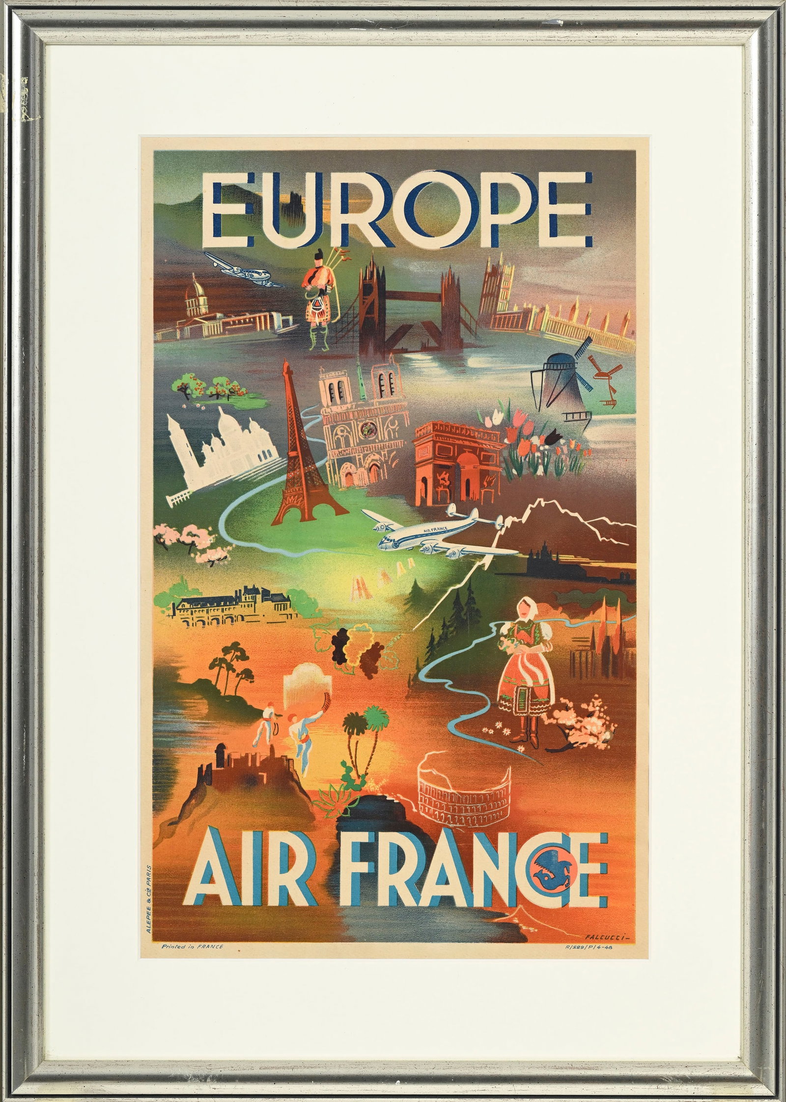 Robert FALCUCCI (1900-1989), Air France, Europe, circa 1948, Alepee & Cie Paris, R/229/P/4-48, affic: Robert FALCUCCI (1900-1989), Air France, Europe, circa 1948, Alepee & Cie Paris, R/229/P/4-48, affiche encadrée, 49x30,5 cm (à vue)