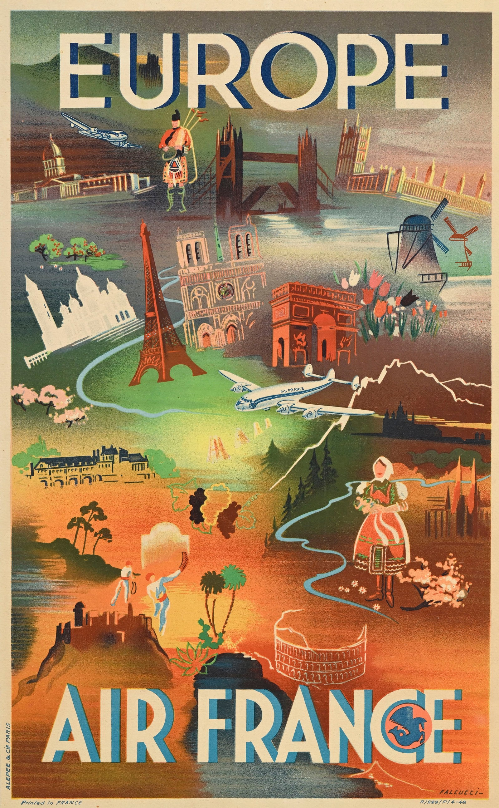 Robert FALCUCCI (1900-1989), Air France, Europe, circa 1948, Alepee & Cie Paris, R/229/P/4-48, affic - 2
