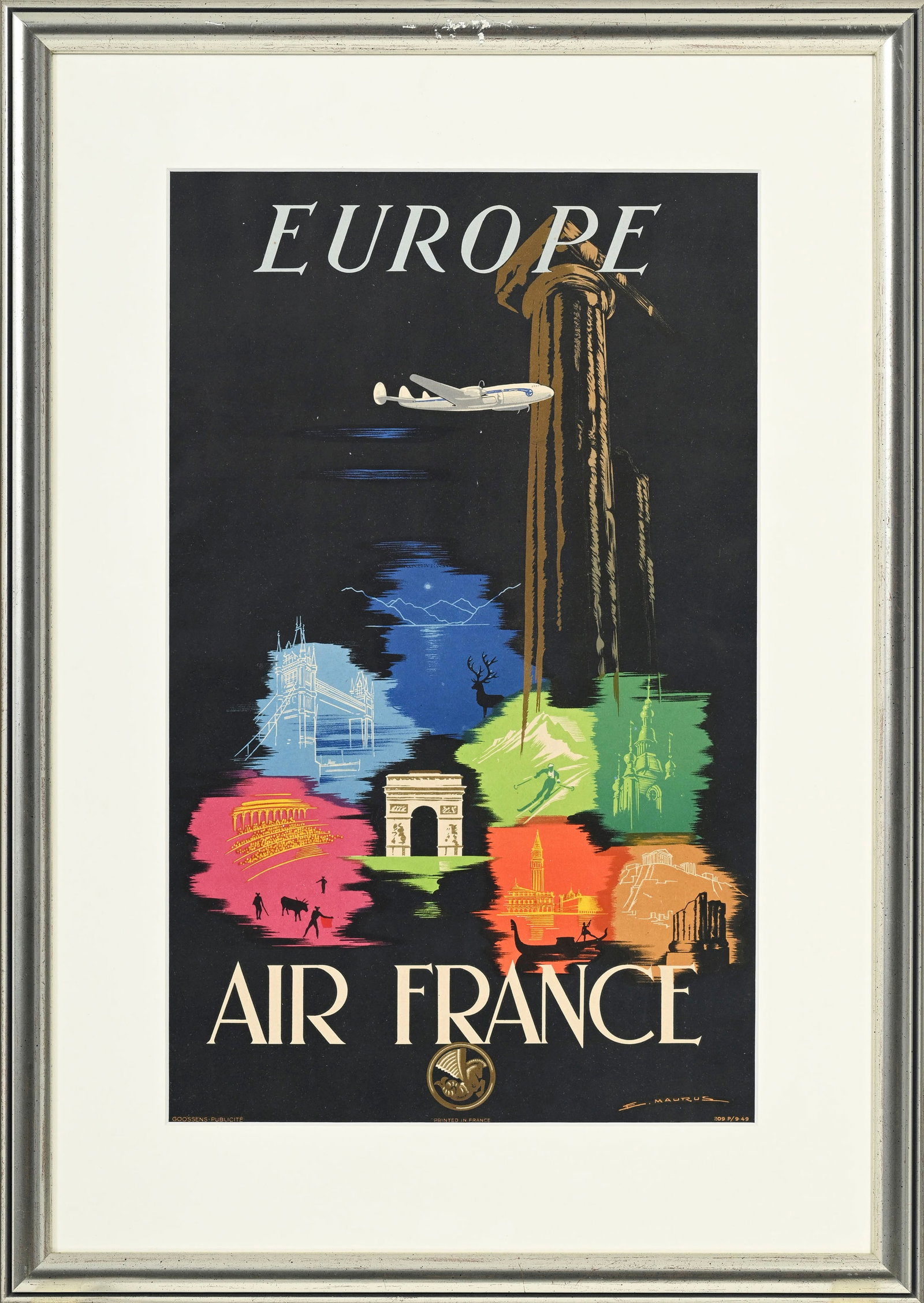 Edmond Maurus (1903-1977), Air France, Europe, circa 1949, Goosens Publicité, 209 P/9-49, affic: Edmond Maurus (1903-1977), Air France, Europe, circa 1949, Goosens Publicité, 209 P/9-49, affiche encadrée, 48x30 cm (à vue)