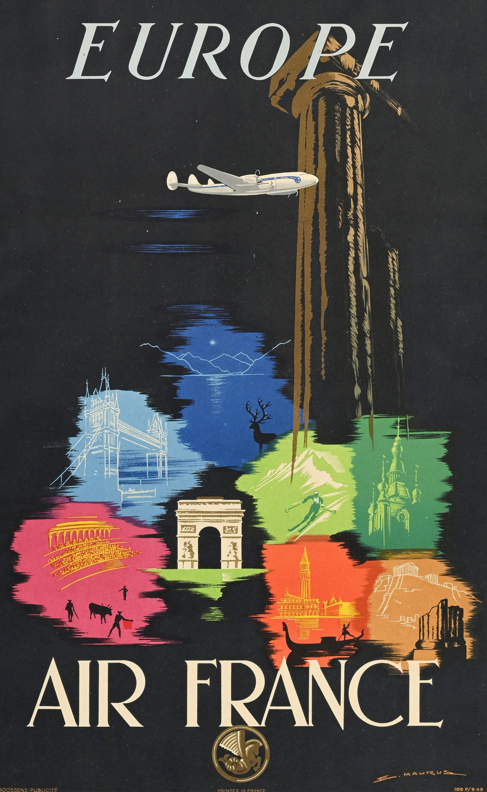 Edmond Maurus (1903-1977), Air France, Europe, circa 1949, Goosens Publicité, 209 P/9-49, affic - 2