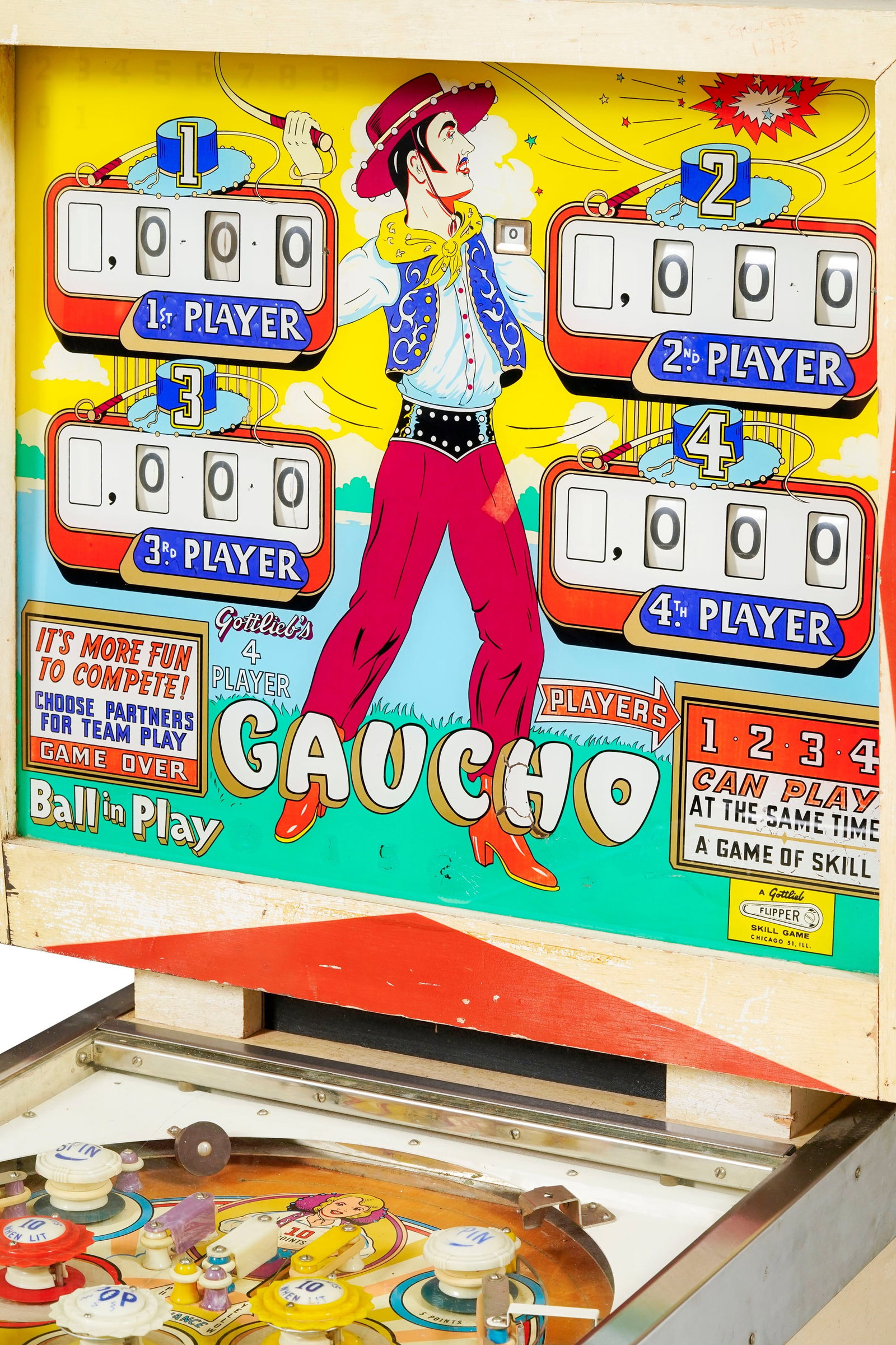 D. Gottlieb & Co., USA, "Gaucho", 1963, flipper, long. 140 cm, h. 177 cm, larg. 73 cm (à restau - 2
