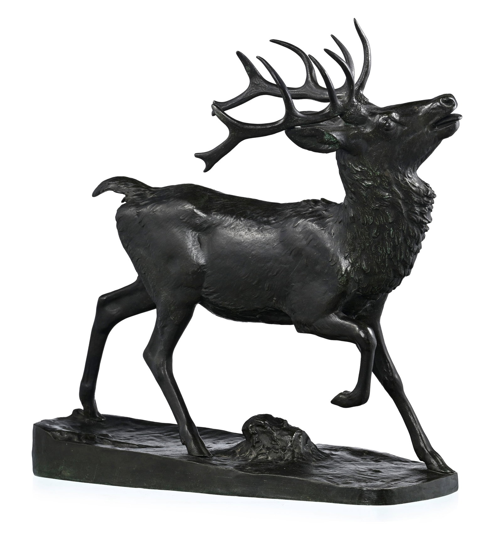 Antoine Louis Barye (1796-1875), Le cerf, bronze à patine verte, 2ème moitié XIXe s.,: Antoine Louis Barye (1796-1875), Le cerf, bronze à patine verte, 2ème moitié XIXe s., signé sur la terrasse, cachet de fondeur Susse frères Paris, long. 54 cm, h. 50,5