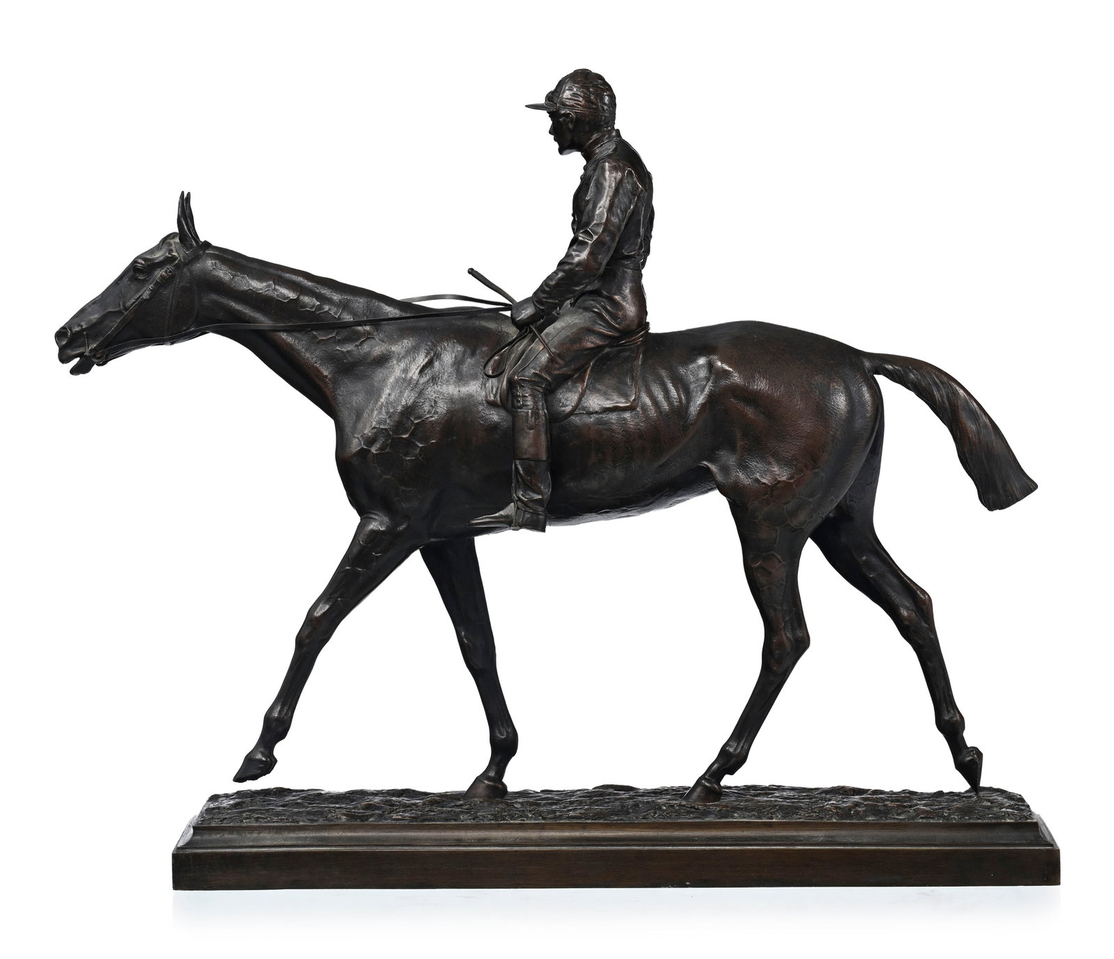 Jockey sur sa monture, bronze à patine brune, début XXe s., non signé, long. 55 cm, h - 2